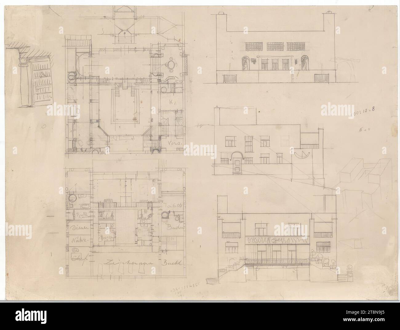 Terraced villa, destination unknown, floor plans, elevations, 1918 ...