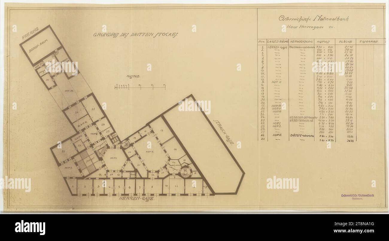 Bank Freyung, Vienna I., corner of Freyung and Strauchgasse (Palais Hardegg), ground plan, 3rd floor, around 1919, architectural drawing, break, 348 x 645 mm Stock Photo