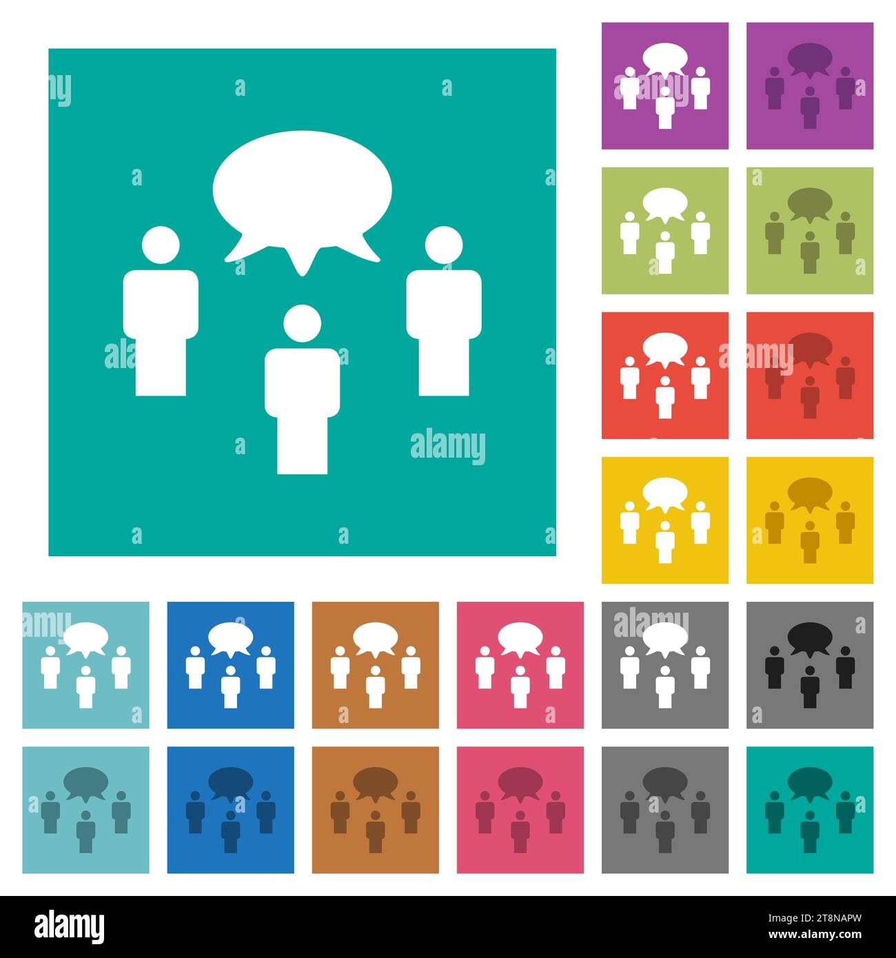 Three talking persons with oval bubble solid multi colored flat icons on plain square backgrounds. Included white and darker icon variations for hover Stock Vector