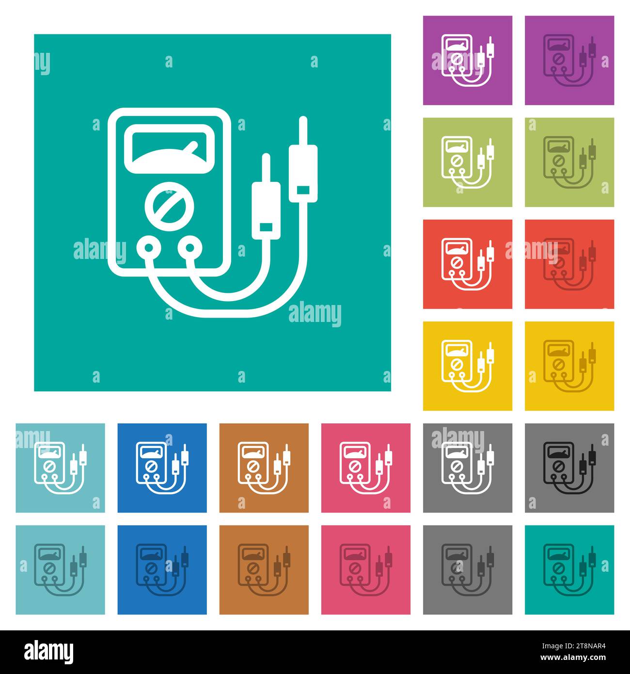 Multimeter multi colored flat icons on plain square backgrounds. Included white and darker icon variations for hover or active effects. Stock Vector