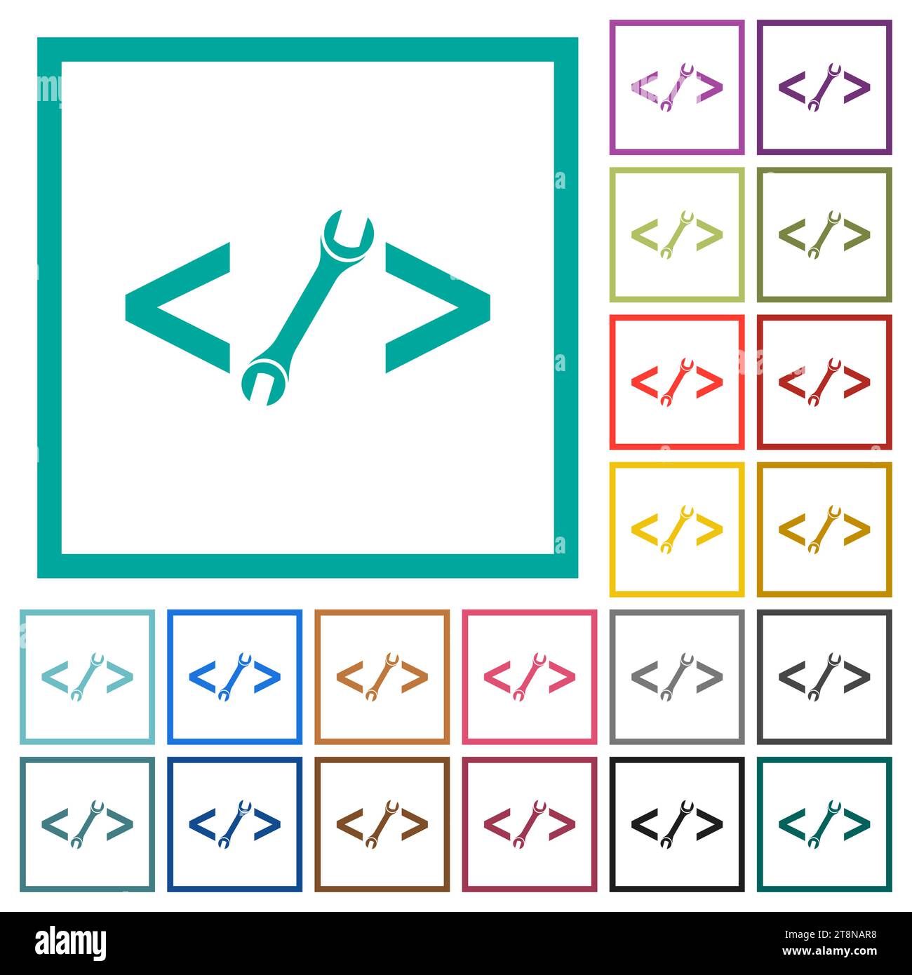 Web development with wrench flat color icons with quadrant frames on white background Stock Vector