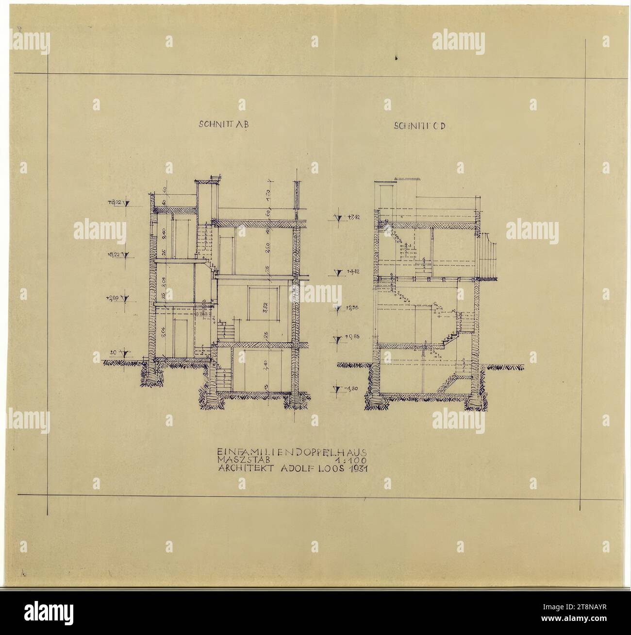 Single-family semi-detached house (Werkbundsiedlung), Vienna XIII, Woinovichgasse 13, 15, 17, 19, sections, 1930-1931, architectural drawing, blueprint, 315 x 334 mm Stock Photo