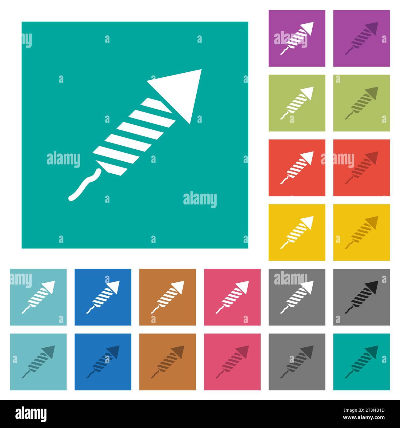Firework rocket multi colored flat icons on plain square backgrounds. Included white and darker icon variations for hover or active effects. Stock Vector
