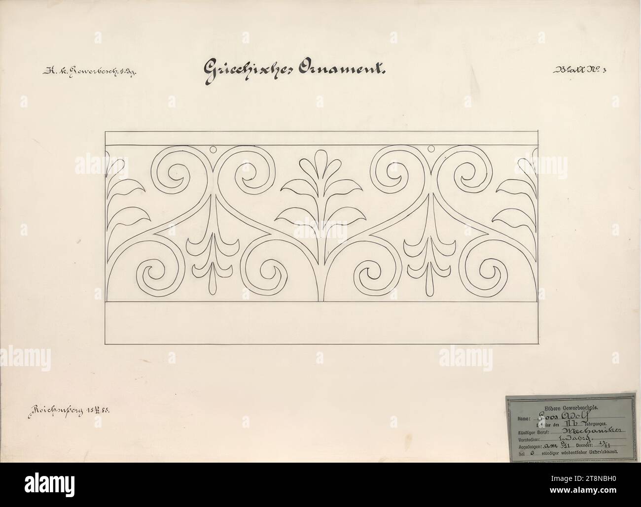 Works from Loos' school days, Greek ornament, November 18, 1885, 1885, architectural drawing, drawing paper; Ink, 379 x 518 mm Stock Photo