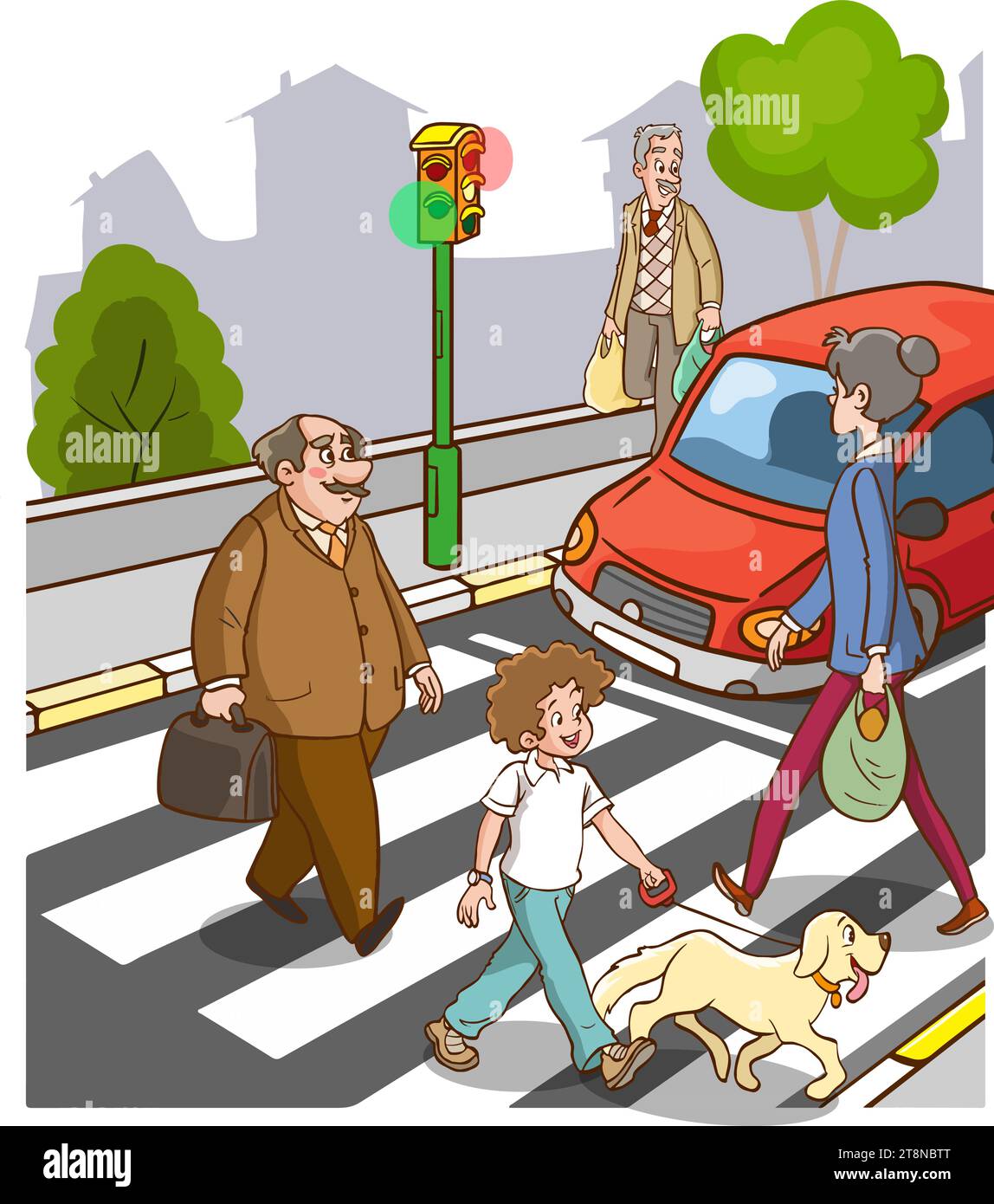 People on street. Pedestrian crossing road on crosswalk with street