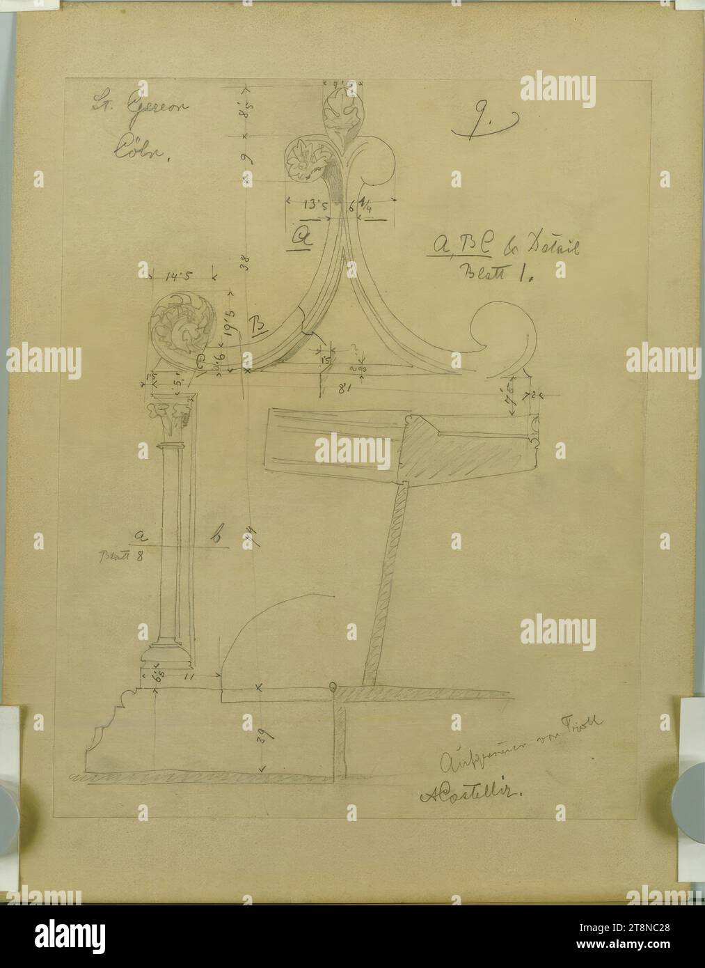 Cologne, St. Gereon, details of the choir stalls based on photos by Karl Troll, elevation, section, around 1892, architectural drawing, paper, medium thickness; Pencil drawing, 32.7 x 25.1 cm Stock Photo