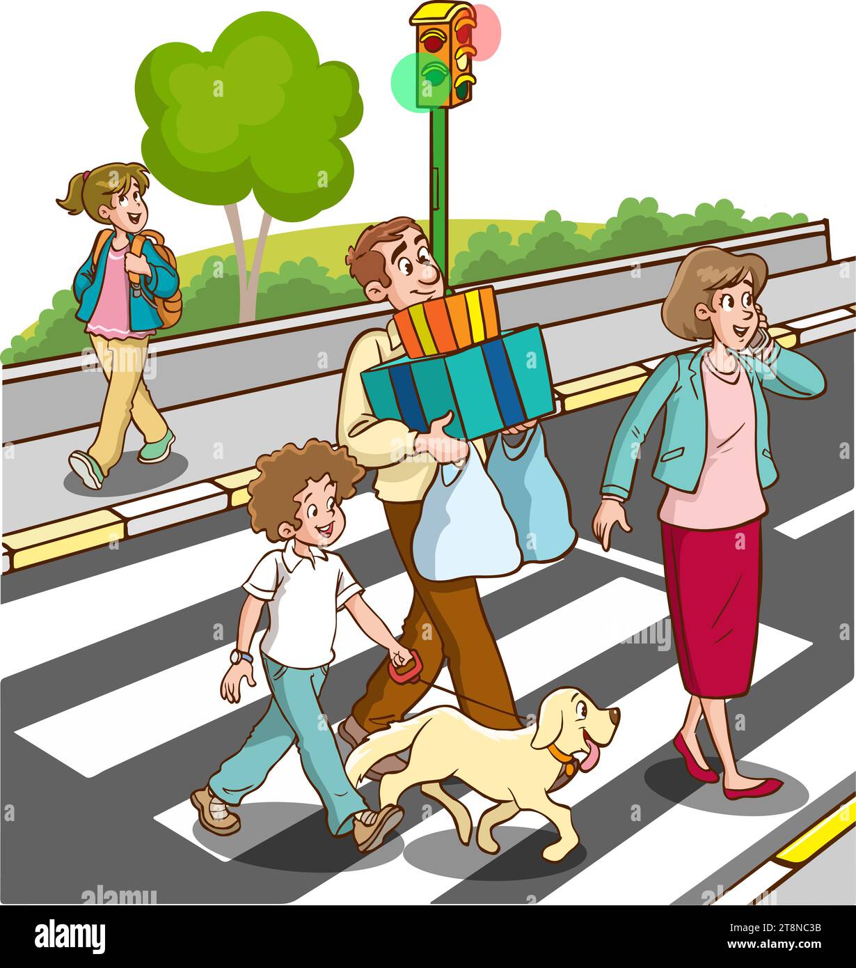 People on street. Pedestrian crossing road on crosswalk with street