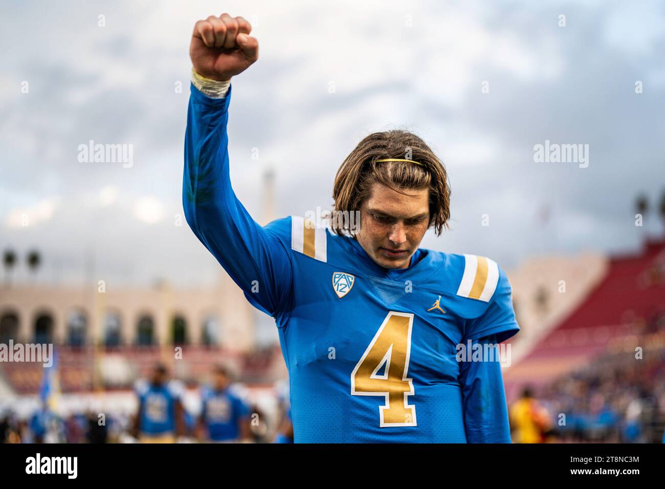 UCLA Bruins quarterback Ethan Garbers (4) reacts to a victory after a ...
