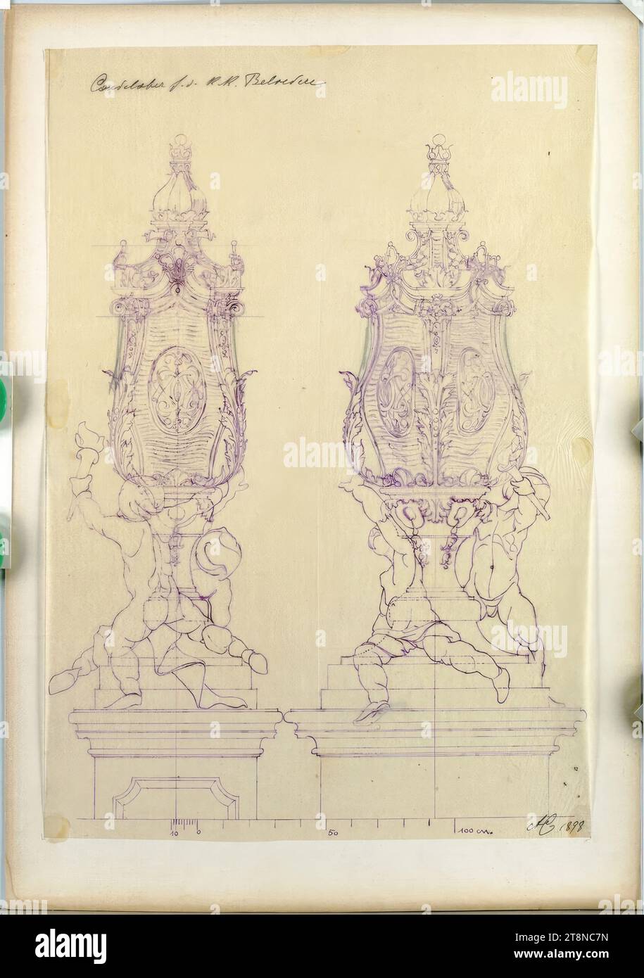 Architectural survey, Vienna, Upper Belvedere, staircase candelabra, elevation, 1898, architectural drawing, transparent paper; Pen drawing (purple), 45 x 31.5 cm Stock Photo