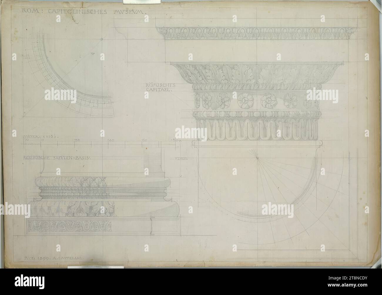 Rome, Capitoline Museum, Roman Capital, Floor Plan, Elevation, 1899, Architectural Drawing, Paper, Medium Thickness; Pencil drawing, 31.6 x 45 cm, top left: 'ROM: CAPITOLINISCHES MUSEUM.', left of the capital: 'RÖMISCHES/ CAPITAEL.', scale information, above the base: 'ROEMISCHE COLUMNS-BASIS.', bottom left: '7 ./ I. 1899. A. CASTELLIZ Stock Photo