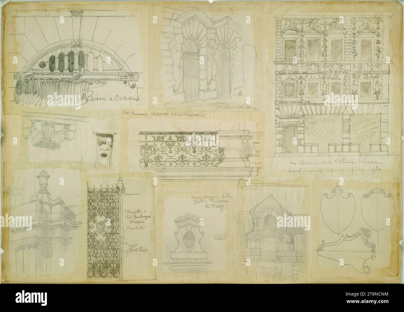 Architectural Studies (10 pieces) for Renaissance and Baroque buildings, elevation, perspective, architectural drawing, paper, fine; Pencil drawings and preliminary pencil and pen drawings (black), partly washed, 31.5 x 44.8 cm, top row 1st from left: 'Maison à Orleans.', top row 2nd from left: 'Fontaineblau', top row 3 From left: 'Casa in Via S. Lucia Roma.', indication of scale, bottom row 1st from left: 'Hofburg/ Wien', bottom row 2nd from left: 'Thorgitter/ Pal. Bevilacqua/ Bologna/ 'Bauhütte'/ are/ light stripes' Stock Photo