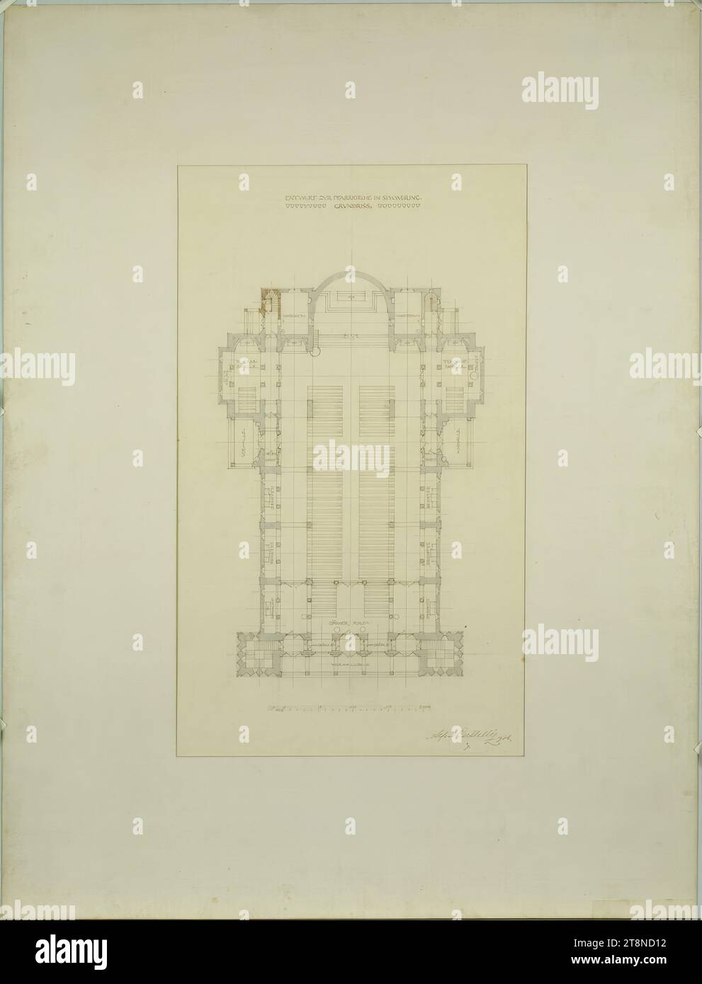 Vienna-Simmering, parish church design, ground plan, Alfred Castelliz (artist, Celje 1870 - 1940 Vienna), 1906, architectural drawing, Aquafix; Pencil (before) and pen drawing (brown), 65.8 x 49.8 cm, 'DRAFT ZVR PARISH CHURCH IN SIMMERING./ GRUNDRISS.'; Specification of the room functions, scale, signature and date Stock Photo