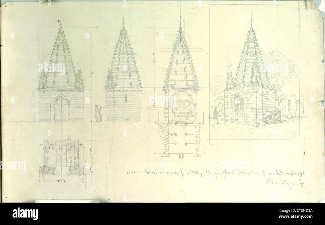 Vienna, Döblinger Friedhof, burial chapel for Baroness Klimburg, draft, ground plan, section, views and perspective, Alfred Castelliz (Celje 1870 - 1940 Vienna), 1907, architectural drawing, paper, medium strong; Pencil drawing, 21.2 x 34.2cm Stock Photo
