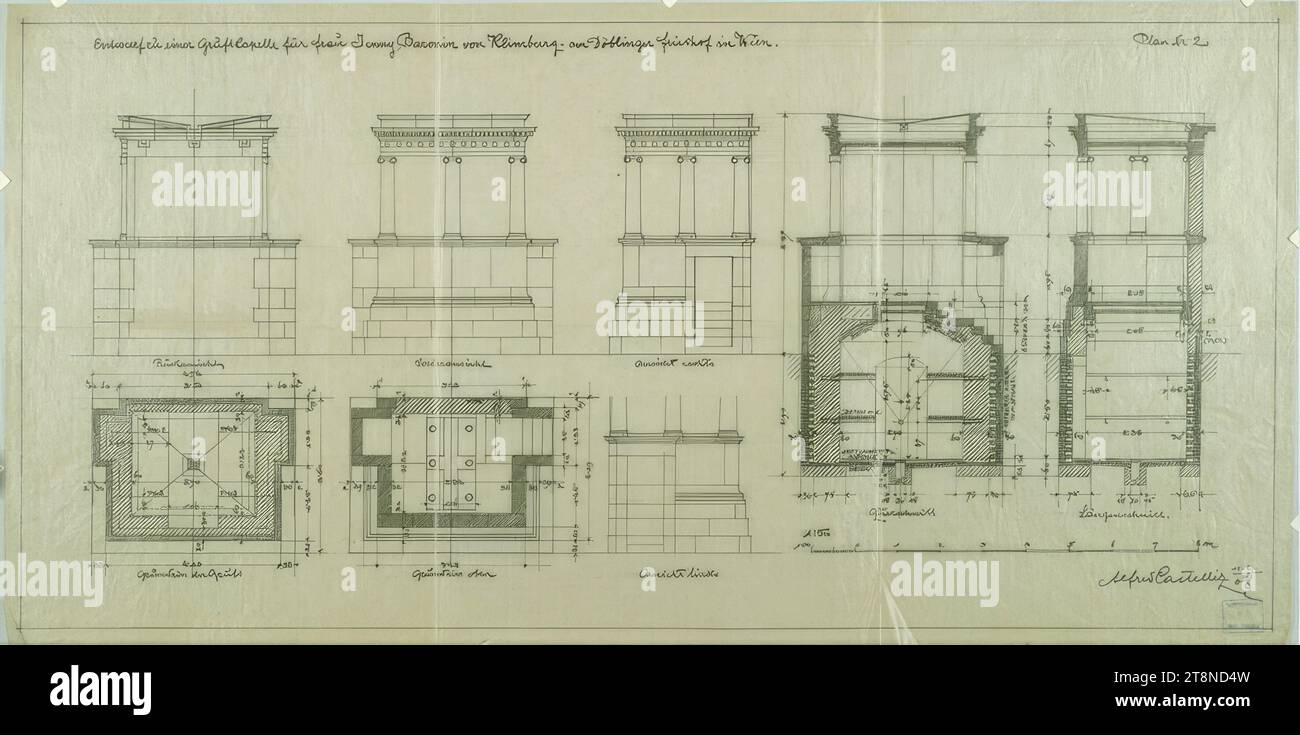 Vienna, Döblinger Friedhof, burial chapel for Baroness Klimburg, design, views, sections, ground plans, Alfred Castelliz (Celje 1870 - 1940 Vienna), 1908, architectural drawing, transparent paper; Preparatory pencil and pen drawing (black), 29.9 x 60 cm Stock Photo