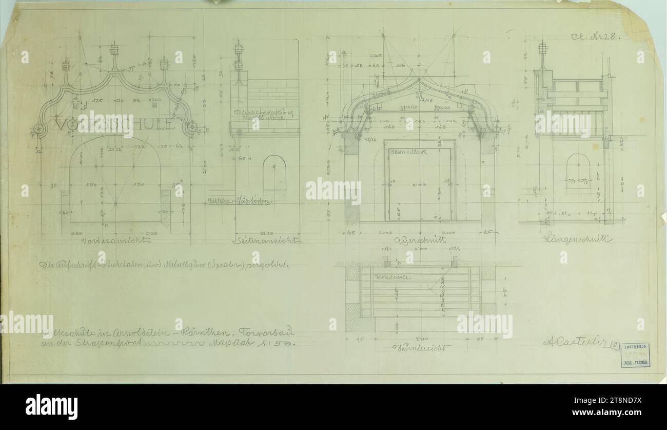 Arnoldstein, elementary school, porch, elevations, cross sections, floor plan combined with view from below, Alfred Castelliz (Celje 1870 - 1940 Vienna), 1909, architectural drawing, transparent paper; Pencil drawing, 24.7 x 43.5 cm, 'Primary school in Arnoldstein - Carinthia. Gate porch/ on the street front./ Scale 1:50'; Designation of the respective type of representation, material information, listings and signature with date '09 Stock Photo