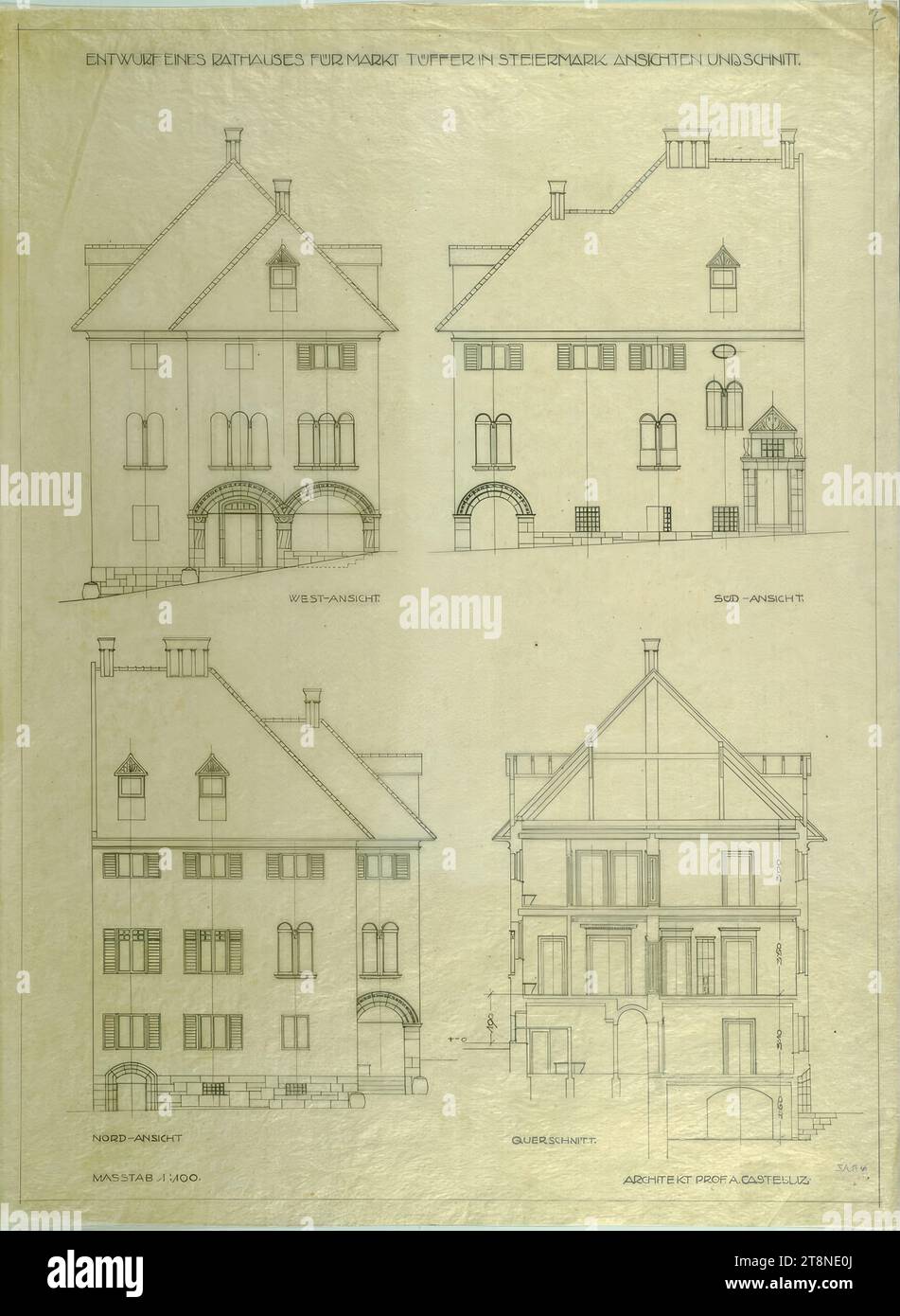 Slovenia, Tüffer (Lasko) market, town hall, elevations, sections