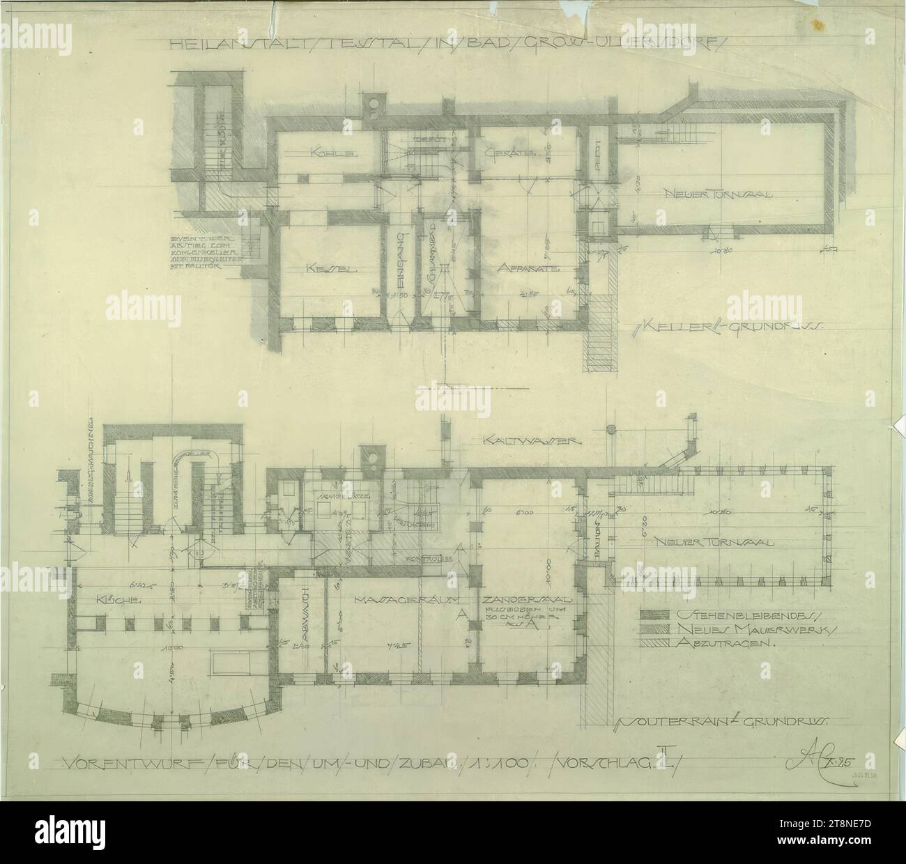 Bad Groß Ullersdorf (North Moravia), Thesstal sanatorium, preliminary design for the conversion and extension, Proposal II, floor plan of the basement and basement, Alfred Castelliz (Celje 1870 - 1940 Vienna), 1925, architectural drawing, Aquafix; Pencil drawing, 41.5 x 46.5 cm, 'HEALTH INSTALLATION/ TESSTAL/ IN/ BAD/ GROSS-ULLERSDORF/', depiction and room designations, technical details, listings, legend, 'PREVIEW/ FOR/ DEN/ UM/ - AND/ CONSTRUCTION/ 1: 100/., PROPOSAL II/ AC X. 25 Stock Photo