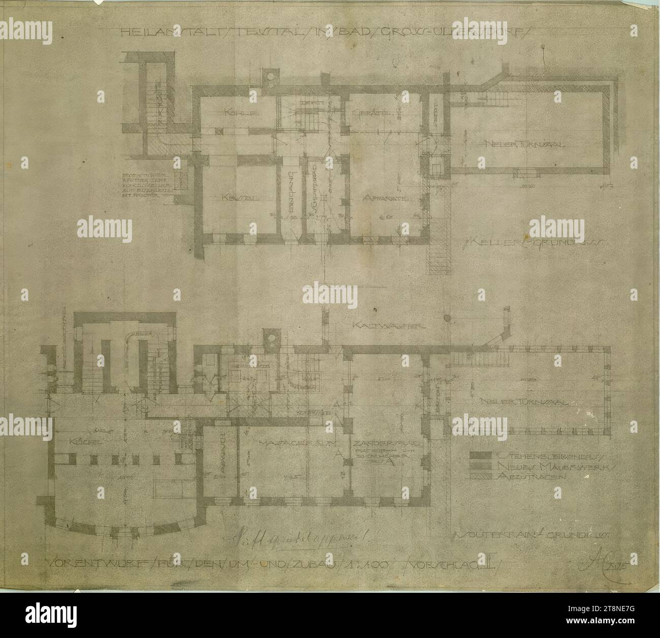 Bad Groß Ullersdorf (North Moravia), Thesstal sanatorium, preliminary design for the conversion and extension, Proposal II, floor plan of the basement and basement, Alfred Castelliz (Celje 1870 - 1940 Vienna), 1925, architectural drawing, paper, firm; Copy, 41.2 x 46.5 cm, 'HEALING ANSTALT/ TESSTAL/ IN/ BAD/ GROSS-ULLERSDORF/', representation and room designations, technical details, listings, legend, 'aerator', 'Preliminary Draft/ FOR/ DEN/ UM, - AND/ ADDITION/ 1: 100/., PROPOSAL II/ AC X. 25 Stock Photo