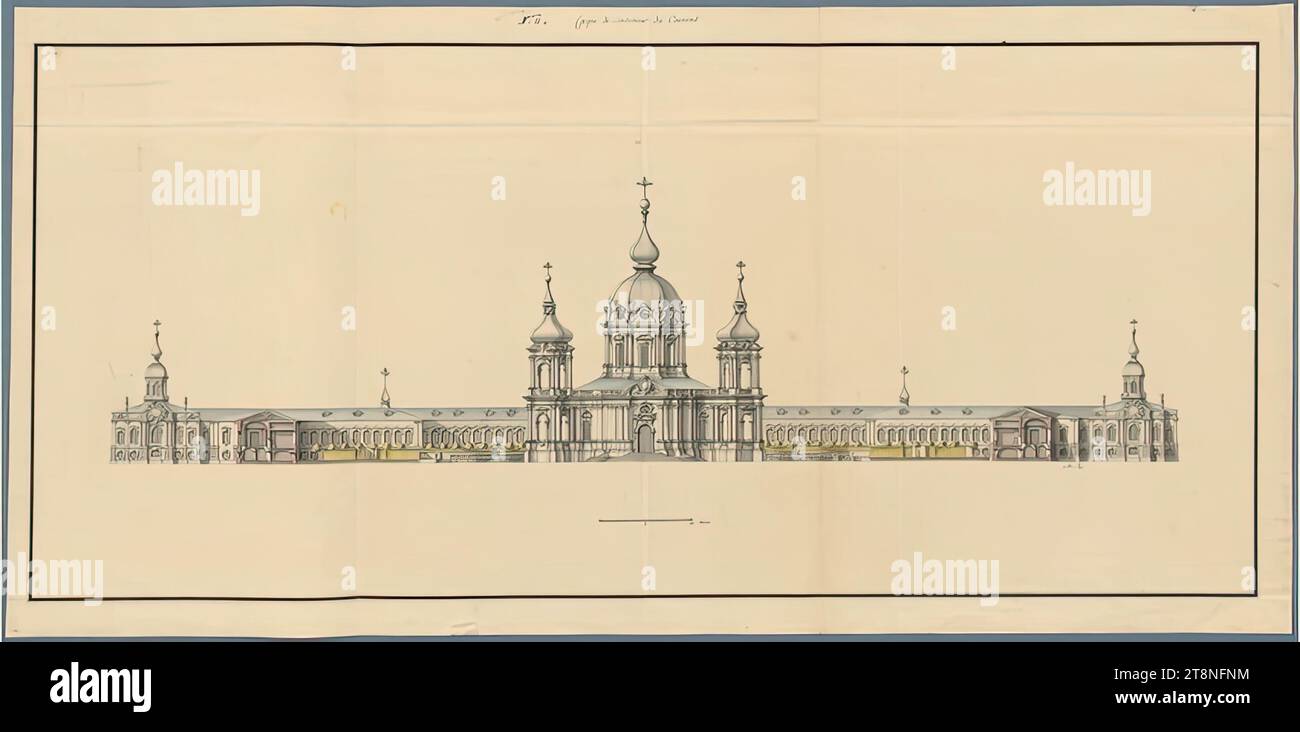 St. Petersburg, Smolny Monastery, monastery complex and church, cross-section and elevation of the west facade, Bartolomeo Francesco Rastrelli (Paris 1700 - 1771 Saint Petersburg), 1748, architectural drawing, pen drawing; Paper; Construction lines in graphite, pen and gray and black ink, multicolored wash, 60.7 x 124.7 cm, Above: 'Coupe de Lintereur de Couvent Stock Photo