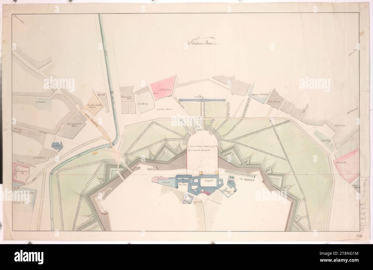 Vienna I, Hofburg, conversion and new building project, site plan, 1802-1804, plan, graphite (preliminary drawing), pen and black; gray yellow, pink, green and blue wash, sheet: 62.6 x 96.5 cm, 'Situations Plann'; location details Stock Photo