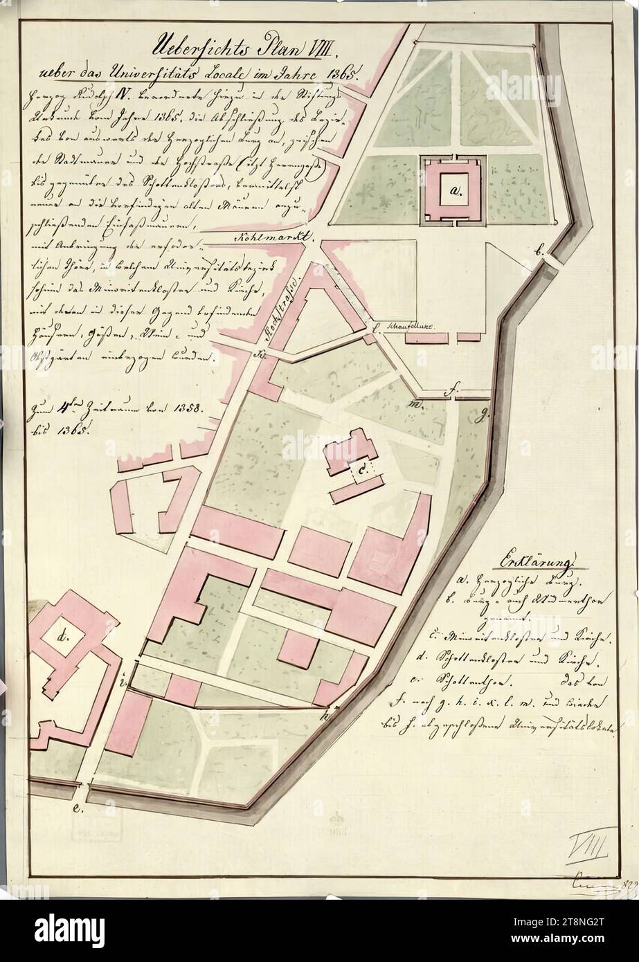 Vienna I, Hofburg, Aman reconstruction, preliminary drawing for the overall floor plan from the new construction projects or buildings constructed between 1740 and 1790, 1824, plan, graphite (preliminary drawing); Pen and ink in black, sheet: 42.3 x 66.2 cm, recto: 'Die kk. Hofburg under Maria Theresia and Joseph II from 1740 to 1790: contains the main floor plan of the new castle building designed by Charles VI, modified in some parts, of which a, model is still available.'; Rooms marked, with an explanation on the reverse: 'No. 384/50 Stock Photo