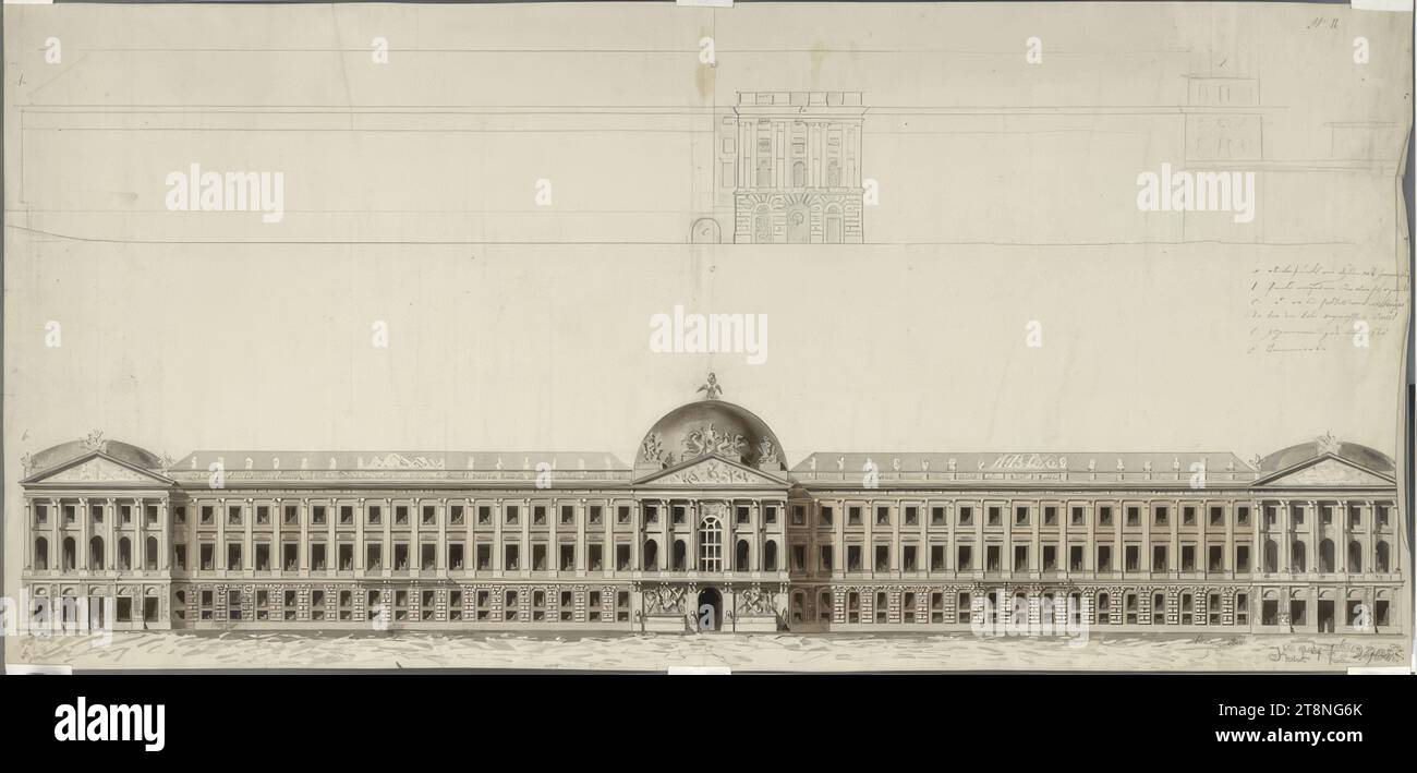 Vienna I, Hofburg, conversion and new construction project, suburban façade and sketch of the building stock, elevation, 1806, architectural drawing, graphite (sketches; preliminary drawing), pen and black; gray and brown wash, sheet: 47.6 x 100.4 cm, recto: 'No II', a. Center of Kohlmarkt hermemes, b. Point which abuts back to Amalienhof, c. d.o (under 'point') where the Hofbiblioteck begins, d. the hall under construction, e. current Burgthor, f. Observatory' verso: 'No II Stock Photo