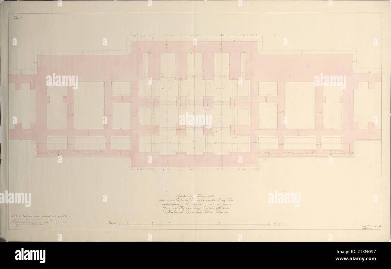 Wien I, Hofburg, Äußeres Burgtor, Projekt, Fundamente, Grundriss, um 1818-1821, Plan, Kreide (Vorzeichnung); Feder in Schwarz und Rot; rosa laviert, Blatt: 61.7 x 99.8 cm, 'Pl.a X.a', 'Plan of the Foundations, of the new Vienna Gate called Burg Thor, marked with the respective measurements in numbers, Work by Marquis Luigi Cagnola Milanese, Member of the Cesareo Reale Istituto Italiano.', 'N. B. The red tint shows the finished foundations, and the line around them indicates the shoe., Warning, that the greater or lesser depth of the foundations Stock Photo