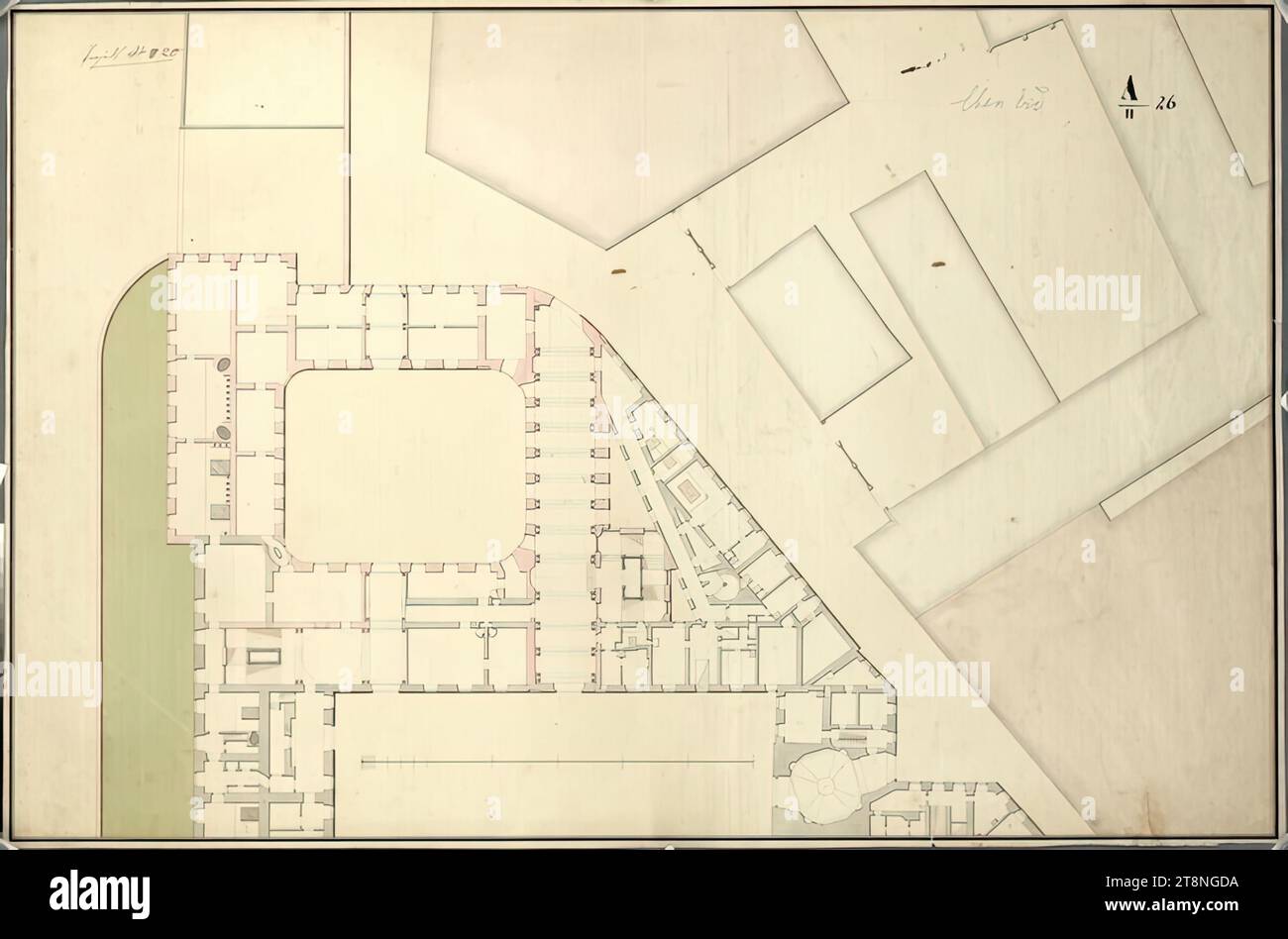 Vienna I, Hofburg, Amalienburg, conversion and new building project I/A, ground floor, floor plan, 1763, plan, chalk (preliminary drawing); pen in black and red; multicolored wash, sheet: 56 x 84.4 cm, recto: 'A/II 26'; 'Project No. 20' verso: 'Amalischer Hof Proy Ebene Erden'; 'A/II 26'; 'No. 20/D-1 Stock Photo