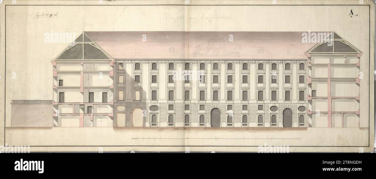 Vienna I, Hofburg, Amalienburg, conversion and new building project, facade  to the inner courtyard, elevation, 1763, architectural drawing, chalk  (preliminary drawing, sketches); pen in black; multicolored wash, sheet:  46.3 x 113.5 cm,