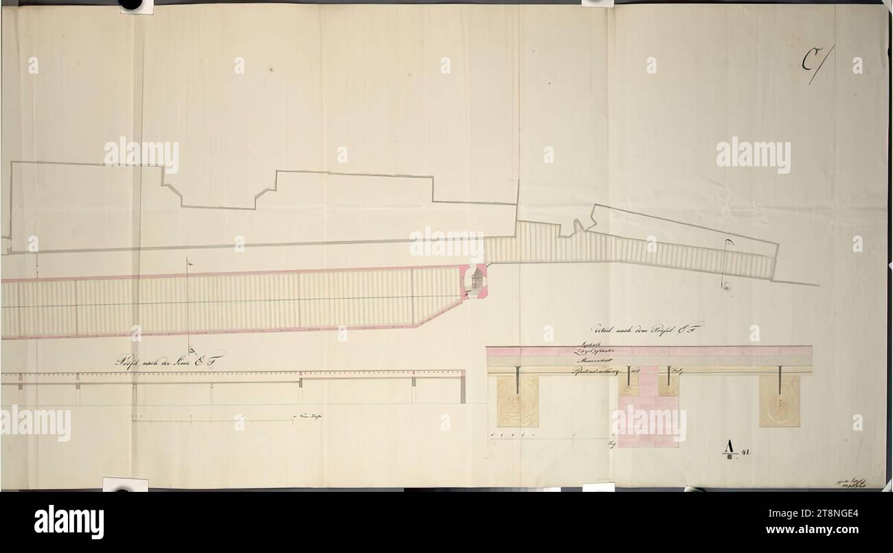 Vienna I, Hofburg, Augustinergang wing, library gallery above the Augustinergang, set of works for the terrace in front, around 1839, plan, chalk (preliminary drawing); pen in black; grey, pink, yellow and brown wash, sheet: 68.2 x 146.7 cm, C&IHONIG, 'C/.', designations of depiction, section information, material information, 'A/ III 42', verso: 'C./. (in pen), duplicate (in chalk)', 'Stadt No, 569' (in pen), '19.' (in chalk Stock Photo