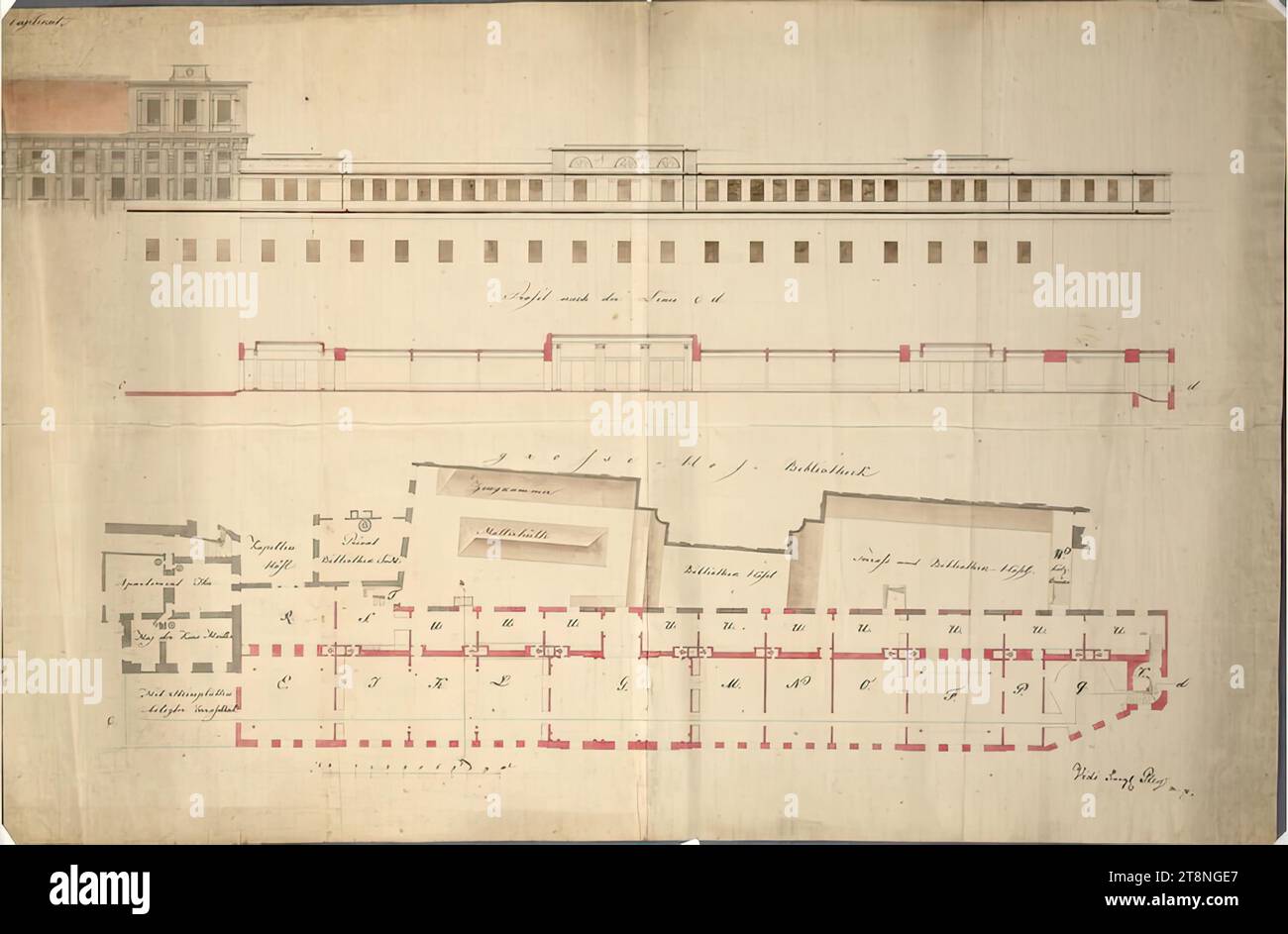 Vienna I, Hofburg, Augustinergang wing, glass house above the Augustinergang, ground plan and section, 1837, plan, graphite (preliminary drawing); pen in black; pink, gray and brown wash, sheet: 56.7 x 86.3 cm, recto: 'Duplicate.'; 'vidi Frey Pley m.p.'; Room inscriptions verso: '509/837'; 'III/2. Kl Stock Photo