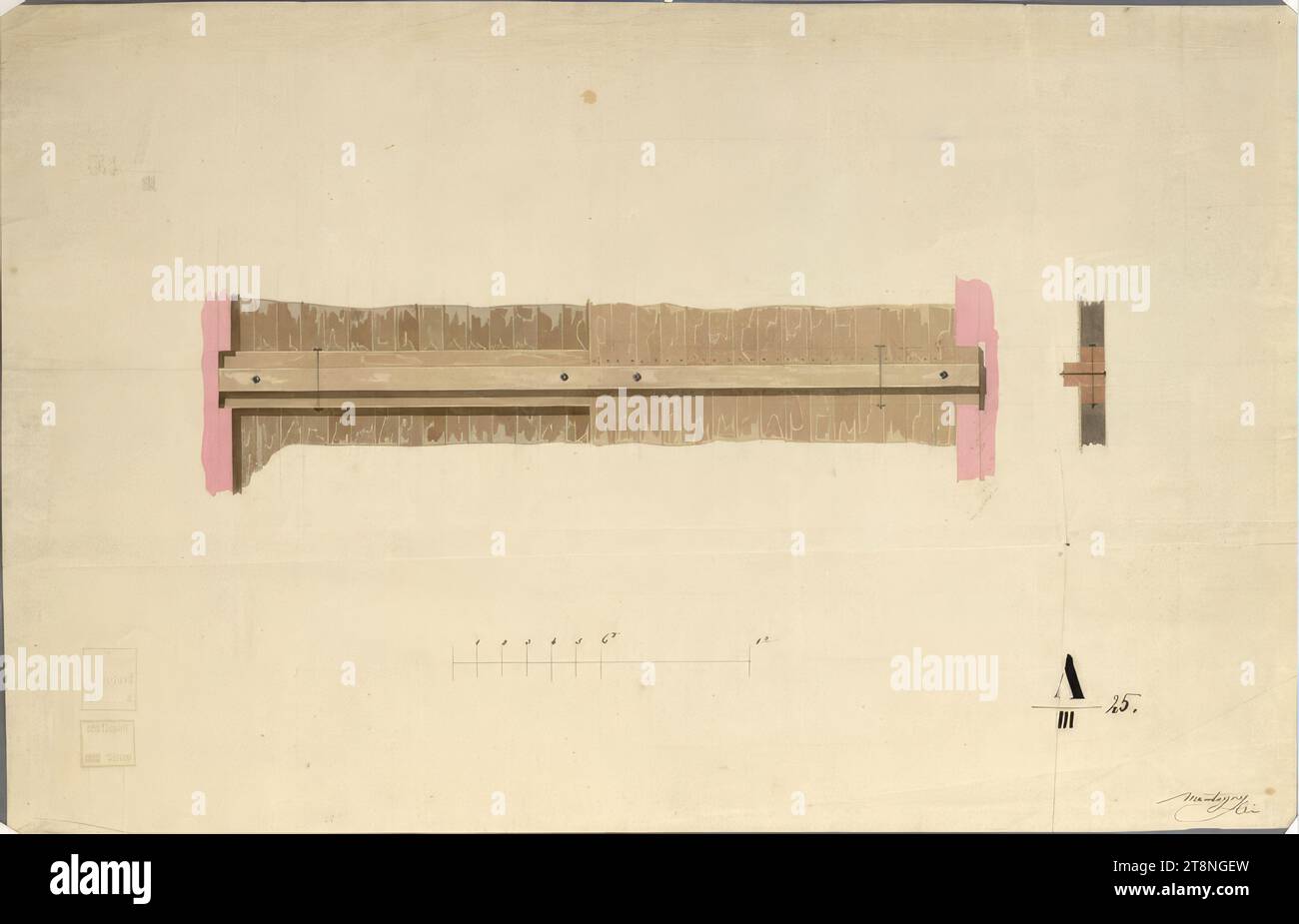 Vienna I, Hofburg, Augustinergang wing, library gallery above the Augustinergang, ceiling construction with wooden traverse, bottom view and section, around 1820, Architectural drawing, chalk (preliminary drawing); pen in black; brown and pink wash, sheet: 29.4 x 45.7 cm, 'A/ III 25.', verso: StadtNo, 551' (in pen), 'A/ III 25, 234, 212, 834 Stock Photo