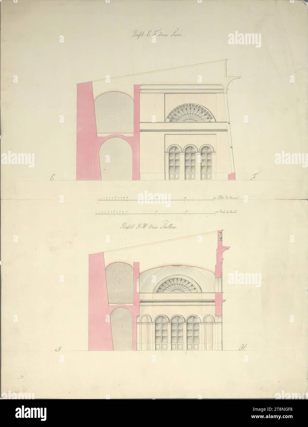 Vienna I, Hofburg, Burggarten, old glass house, glass house wing and corner pavilion, cross sections, around 1811, architectural drawing, chalk (preliminary drawing); pen in black; multicolored wash, sheet: 59.7 x 46 cm, C&IHONIG, 'Profil E F d'une Serre.', 'Profil G H d'un Sallon (sic).', verso: 'Stadt 283.' (in pen Stock Photo