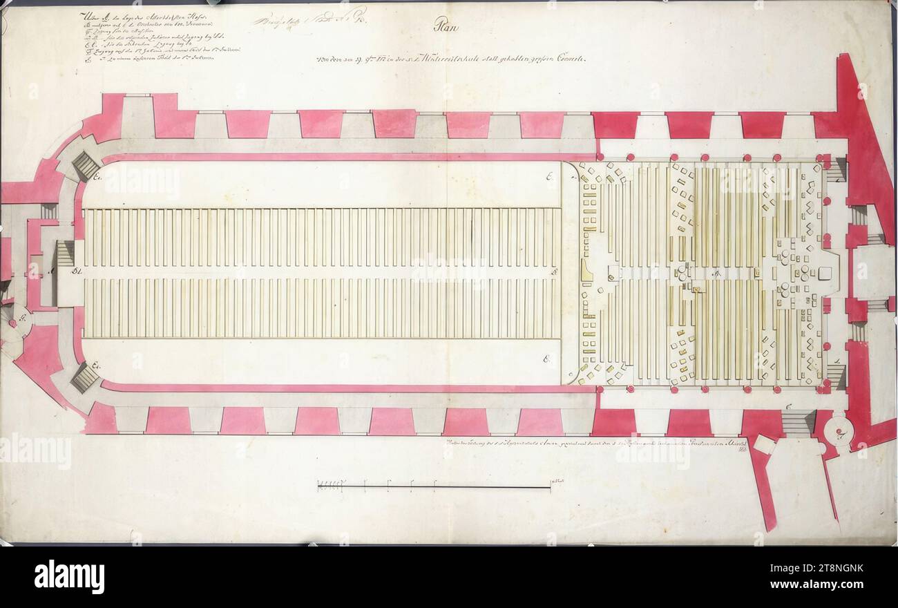 Vienna I, Hofburg, Winter Riding School, ground floor, 1st floor, combined floor plan with an entry of the furniture at the big concert on September 29, 1812, 1813, plan, graphite (preliminary drawing); pen in black; ink in red and dark red; yellow and gray wash, sheet: 60.7 x 100.4 cm, recto: 'Plan, of the big concert that took place on September 29, 812 in the K:K:Winterretischule'; 'Building site city no. 83.'; designates some parts of the room; Legend verso: 'No. 9 Stock Photo
