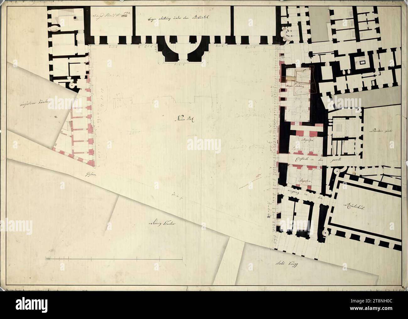 Vienna I, Hofburg, overall plan, court library and adjoining wings, ground floor, floor plan, around 1759, plan, chalk (preliminary drawing); pen in black; black, red and gray wash, sheet: 57.5 x 80 cm, recto: 'Baupl. city no 142.'; Room labels: tw. Notations verso: 'Grundriss des Neues Biblioteck plaz'; 'No 142, I Stock Photo