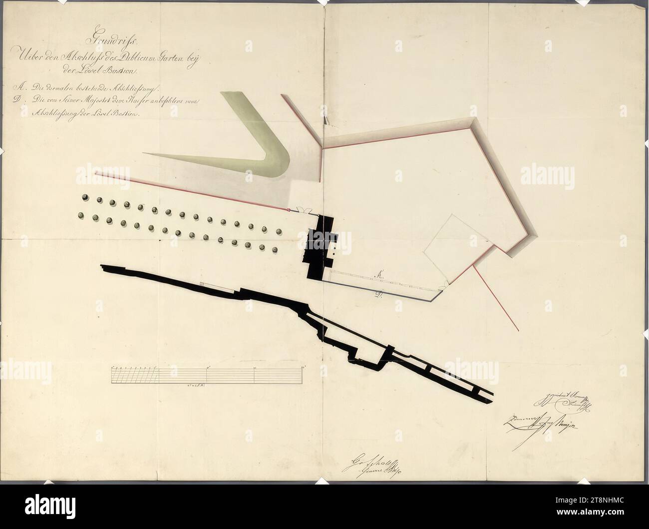 Vienna I, Hofburg, Paradeisgartl with a newly planned conclusion towards the Löwelbastei, site plan, 1821, plan, chalk (preliminary drawing); pen in black; multicolored wash, sheet: 45.7 x 61.2 cm, recto: 'Grundriss., About the conclusion of the Publicum garden at, the lion bastion., A. The dermal existing closure, D. The new, closure of the Löwel Bastion commanded by His Majesty the Emperor.'; 'No 341'; 'ad 223/821'; 'City No. 341 Stock Photo