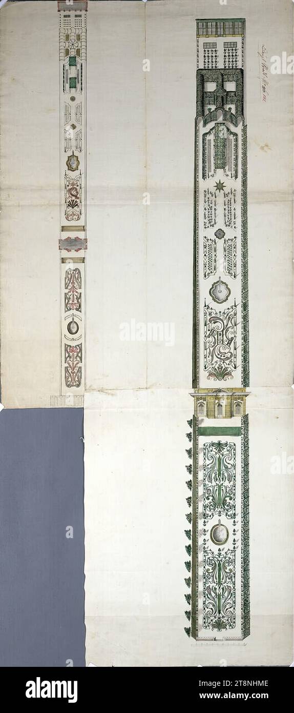 Vienna I, Hofburg, Paradeisgartl, ground plan and axonometric view, around 1750, architectural drawing, chalk (preliminary drawing); pen in black; multicolored wash, sheet: 53.1 x 120.7 cm, recto: 'Baupl: Stadt No. 151.' verso: 'No 151, a-1 (crossed out) I Stock Photo