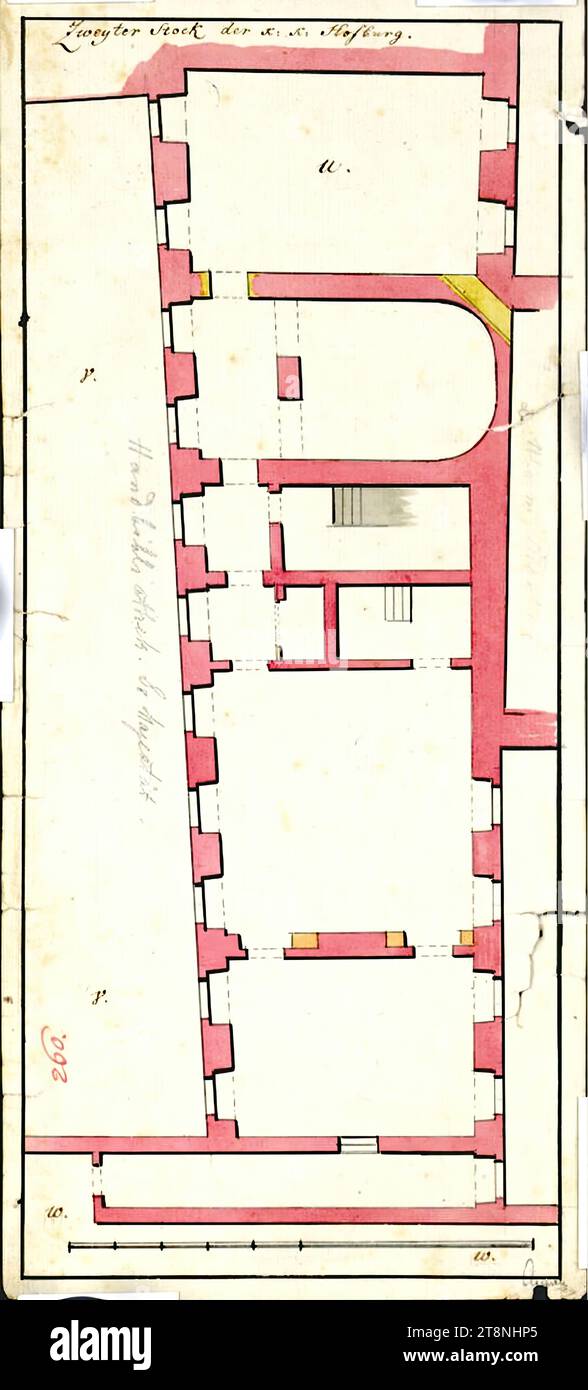 Vienna I, Hofburg, Schlossergangtrakt, reference library Se. Majesty, floor plan, 1750-1850, plan, chalk (preliminary drawing); pen in black; multicolored wash, sheet: 35.4 x 15.3 cm, recto: 'Second floor of the k: k: Hofburg'; 'Se Majesty's reference library'; 'Room numbering verso: 'No 260/a-2/I'; 'I/260'; 'City I/260'; '260/I'; 'Plan archive No 98 (crossed out) 206 (crossed out)'; 'to Convolute I Stock Photo