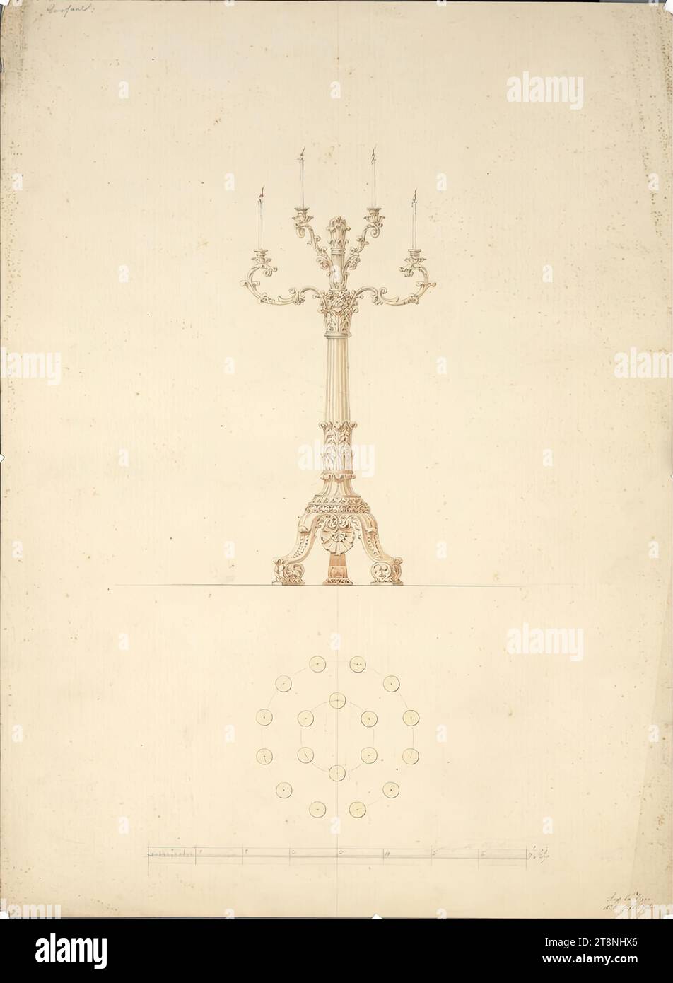 Vienna I, Hofburg, furnishings, candelabra, ground plan, elevation, 1st half of the 19th century, architectural drawing, graphite; gold-colored and gray wash, sheet: 49.9 x 36.5 cm Stock Photo