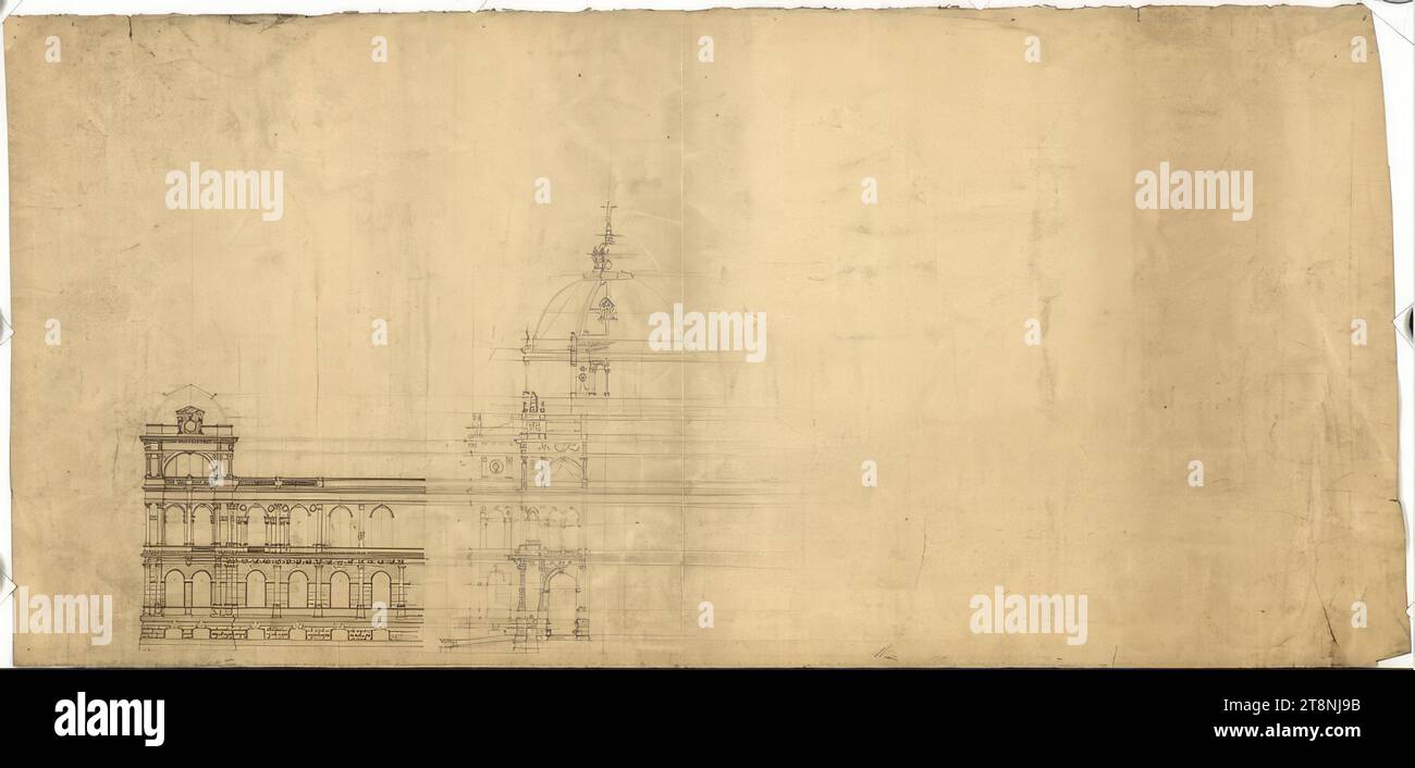 Vienna I, court museums, design for the main facade, elevation, Carl von Hasenauer (Vienna 1833 - 1894 Vienna), 2nd half of the 19th century, architectural drawing, pencil, pen, 337 x 711 mm Stock Photo