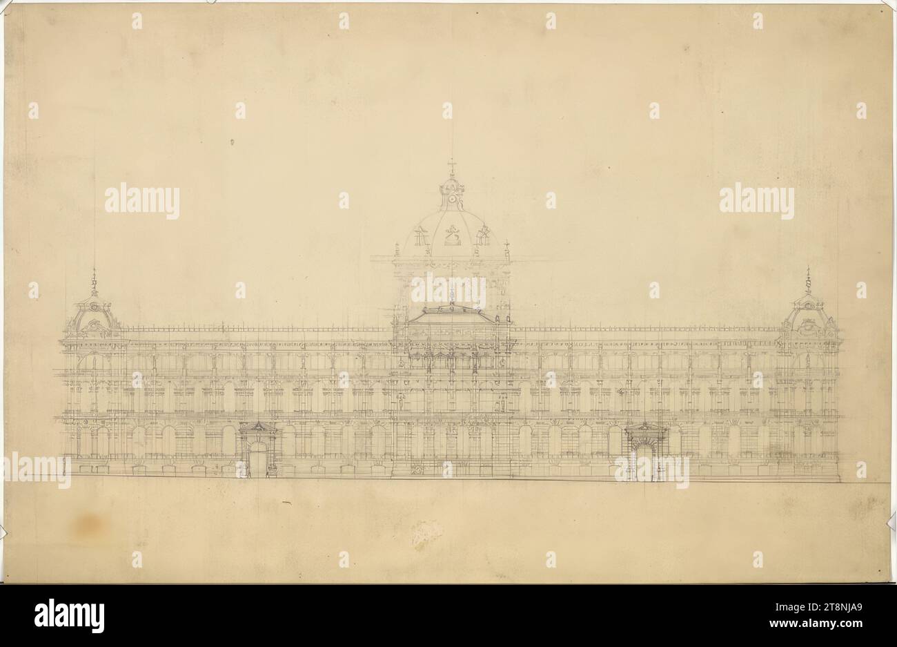 Vienna I, court museums, design for the rear facade, elevation, Carl von Hasenauer (Vienna 1833 - 1894 Vienna), 2nd half of the 19th century, architectural drawing, pencil, pen, 334 x 511 mm Stock Photo