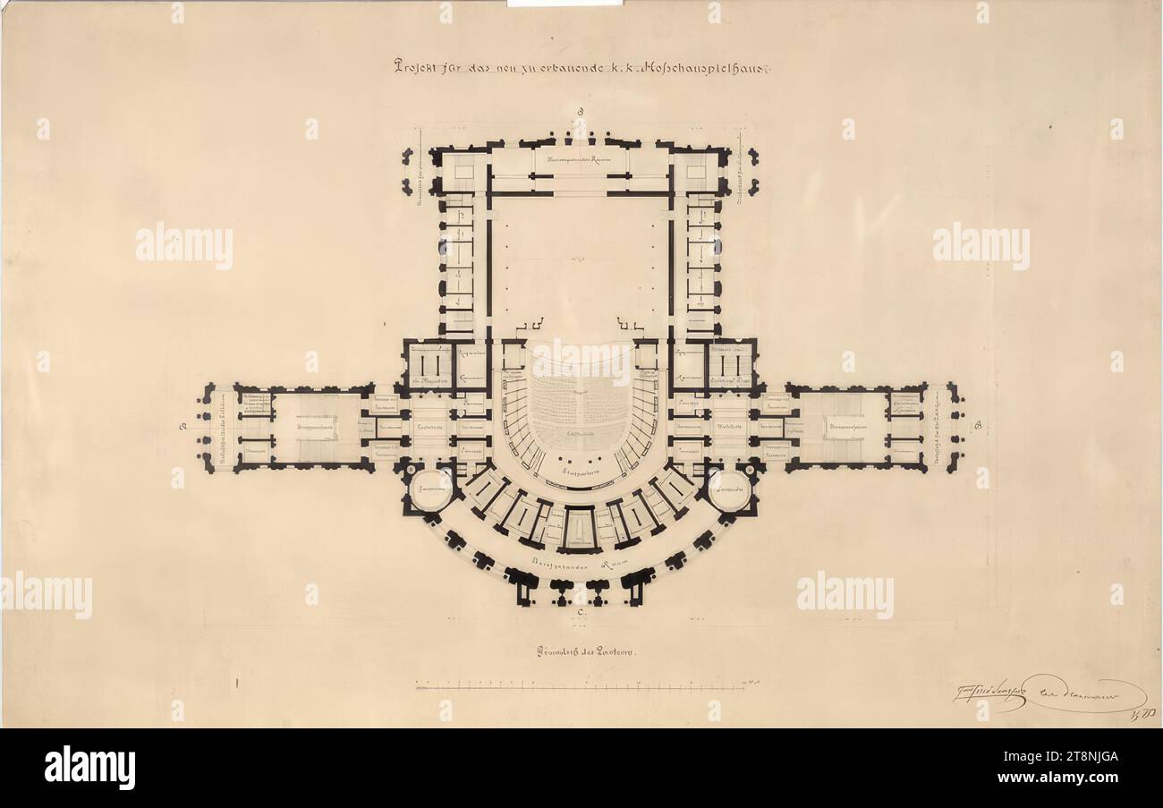 Vienna I, Burgtheater, ground floor, floor plan, Gottfried Semper (Hamburg 1803 - 1879 Rome), Carl von Hasenauer (Vienna 1833 - 1894 Vienna), July 1, 1873, plan, pen and ink in black and red, 'Project for the new k . k. Hofschauspielhaus./ Ground plan of the ground floor Stock Photo