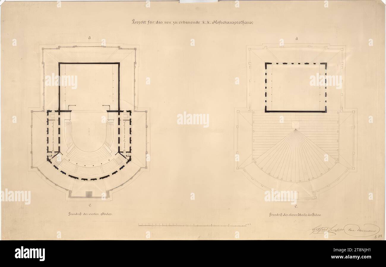 Vienna I, Burgtheater, 4th floor and stage tower, Gottfried Semper (Hamburg 1803 - 1879 Rome), Carl von Hasenauer (Vienna 1833 - 1894 Vienna), July 1, 1873, plan, pen and ink in black; washed, 'project for the new k. k. Hofschauspielhaus/ Floor plan of the fourth floor./ Floor plan of the upper part of the stage Stock Photo