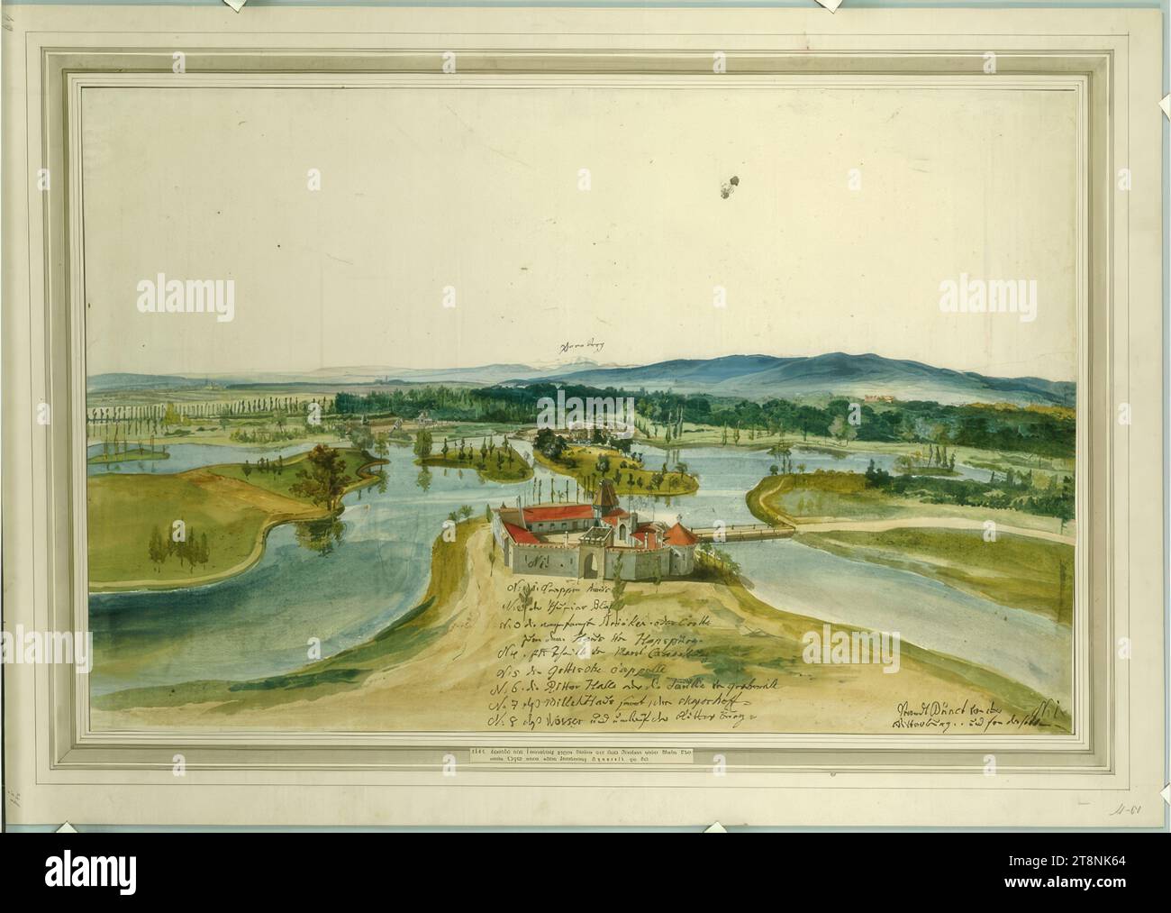 Laxenburg, park, view, copy after an old drawing, undefined, 1850, architectural drawing, cardboard; Watercolor; Pencil and black pen drawing, watercolour, framing in gray pen, glue, 43.5 x 61.9 cm Stock Photo