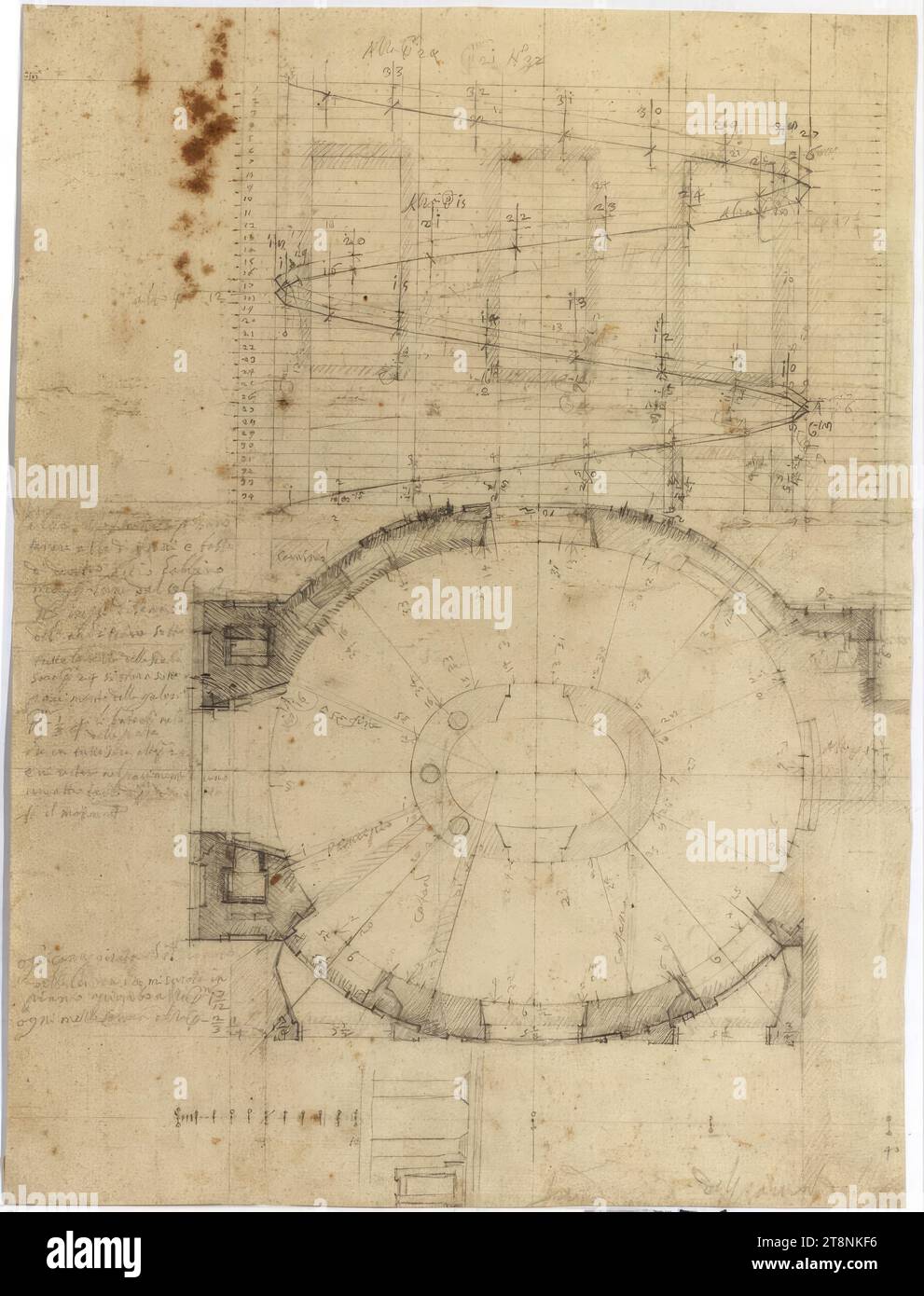 Rom, Sant' Agnese, Ovaltreppe, 1653-1657, Architekturzeichnung, Papier, mittelstark; Graphitzeichnung; Konstruktion, Zeichnung, Maßstab und Beschriftung in Graphit; zahlreiche Durchstiche, 42 x 31,4 cm, l.: 'the snail can, keep high on the outside and low, on the inside so that they have more light than the sky and, do not prevent, of the architrave below, the entire height of the staircase, sara mi 24 si stara sotto( ...), floor of the gallery, mi 1/3 for the swings in the, of the parts, which in all sra alto p.mi 2, and it will remain on the floor, another third of a span Stock Photo