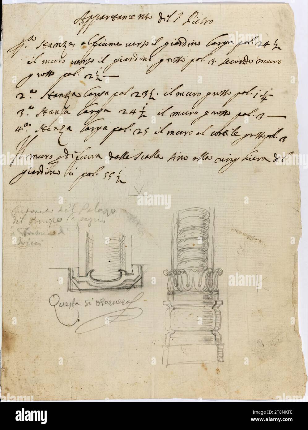 Rom, Palazzo Falconieri, Studie zu rustiziertem Wandpfeiler, Architekturzeichnung, Papier, fein; Graphitskizze; Skizze und Bezeichnung in Graphit; Schriftstück mit Feder in Braun, 27.7 x 20.6 cm, 'This will be observed'; (Stosch): 'Corner of the Palace, of, Prince Carpegna, at the, Trevi Fountain'; darüber Schriftstück: 'S. Peter's apartment, first room on the river towards the garden large pal. 24 1/2, the wall towards the large garden pal. 3. second wall, big pal. 2 1/2 -, 2nd large room pal. 23 1/2. the thick wall pal. 1 1/4, 3rd large room 24 1/2 the thick wall pal 3 - Stock Photo