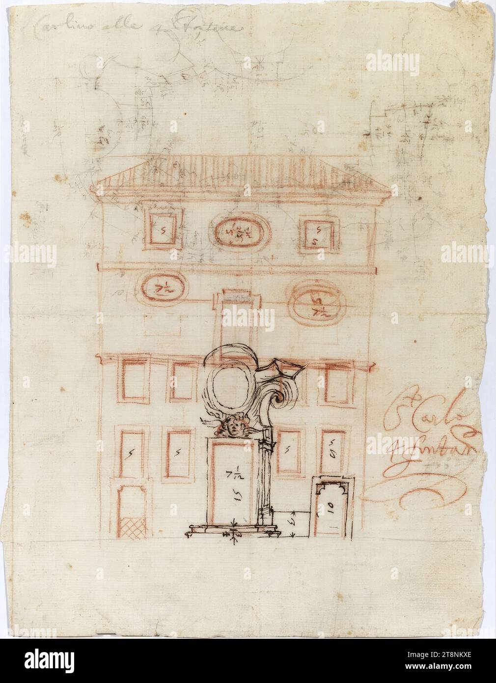 Rome, San Carlo alle Quattro Fontane, monastery facade to Via Pia, 1662, architectural drawing, paper, fine; feather and sanguine; Drawing and inscription in red chalk, partially overdrawn with black pen, 27.2 cm x 21 cm Stock Photo