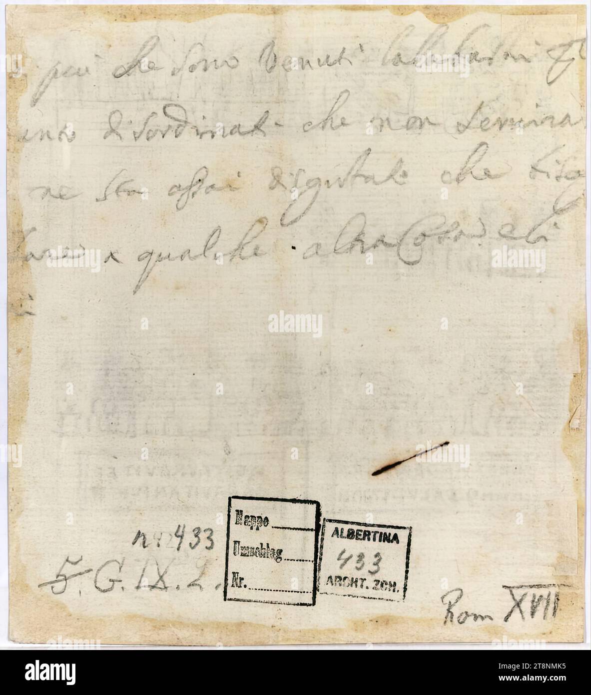 Rom, San Giovanni in Laterano, Mittelportal, Schriftstück, Architekturzeichnung, Papier, fein; Write in Graphit; Beschriftung in Graphit, 12,3 x 13,6 cm, and more that the alabasters have come p(er ?), (t)anto messy that it won't serve(nno), ne sta very disgusted that you need to (na), go to some other Thing and there Stock Photo