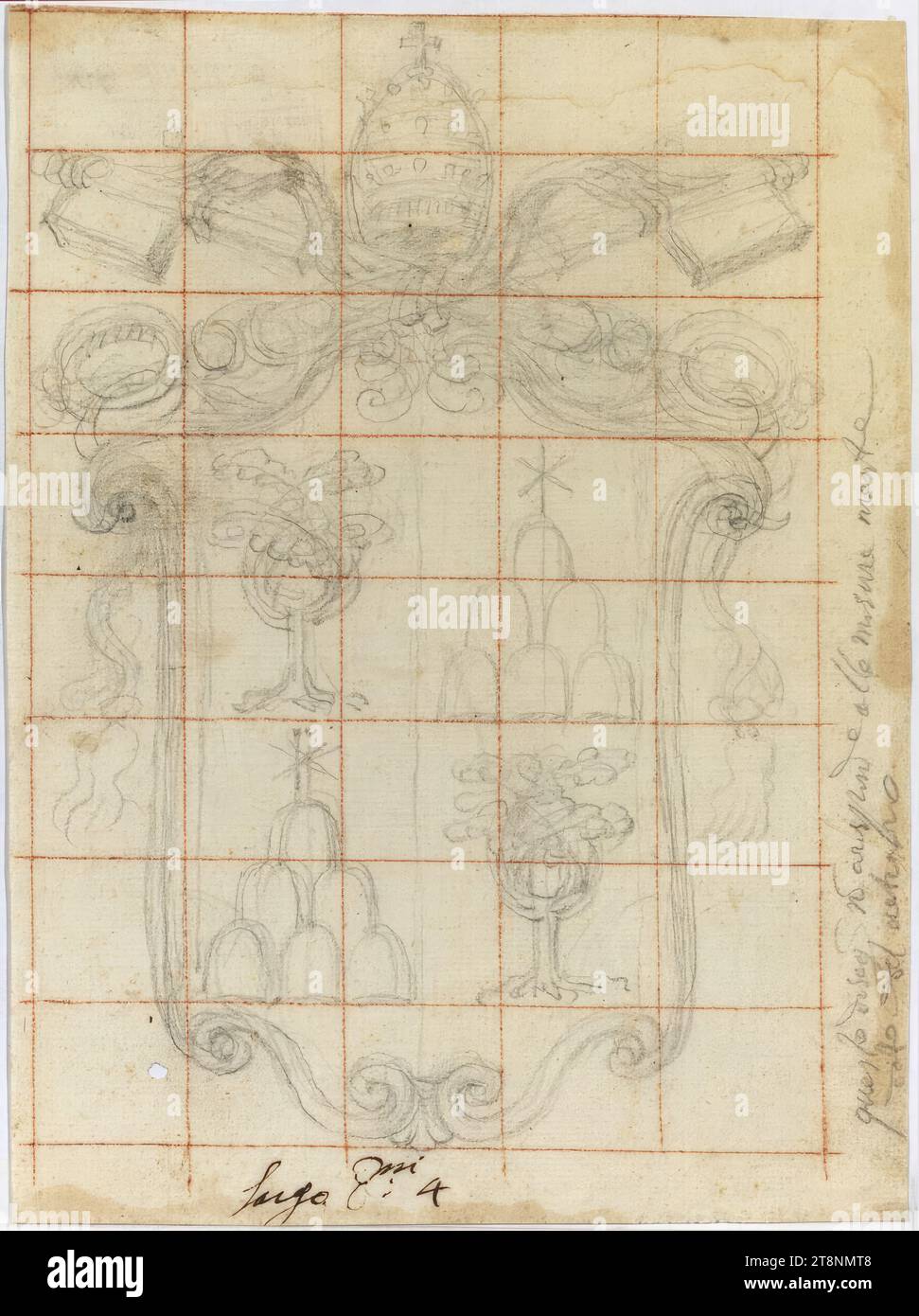 Rome, Sant' Ivo alla Sapienza, design for a stained glass window with Pope's coat of arms Alexander VII, architectural drawing, paper, fine; graphite and sanguine; Drawing in graphite, grid in sanguine, writing in graphite and pen in brown, 23.7 x 17.7 cm Stock Photo