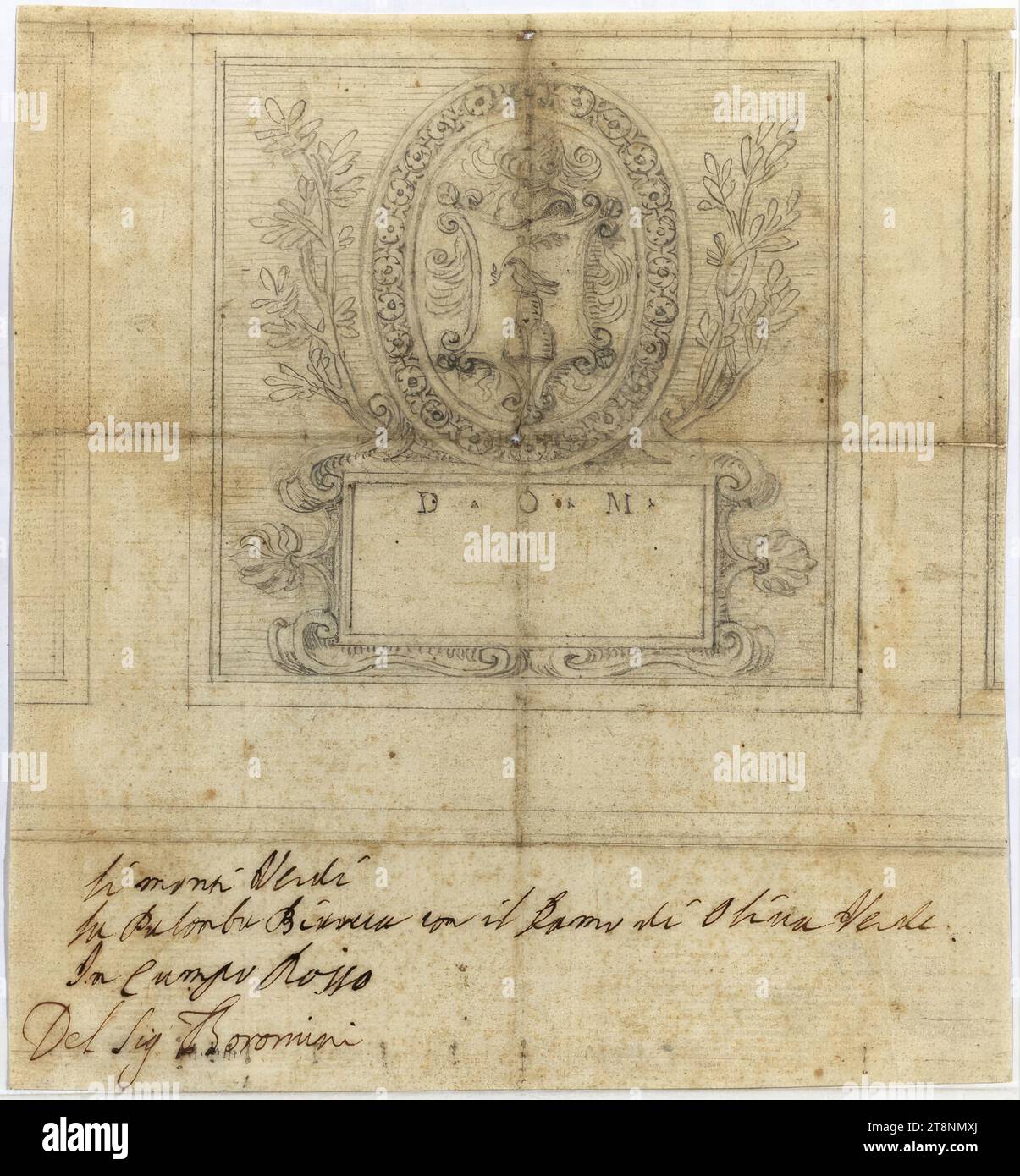 Undetermined, Rome ?, Wall paneling with inscribed panel and Pamphilj coat of arms, architectural drawing, paper, fine; graphite drawing; blind grooves; Drawing and scale in graphite, inscription in pen in brown, 18 x 16.5 cm, 'D. O. M.', below: 'li monti Verdi, La Palomba bianca con il ramo di Oliva Verde., Il Campo Rosso, Del Sig. Boromini Stock Photo